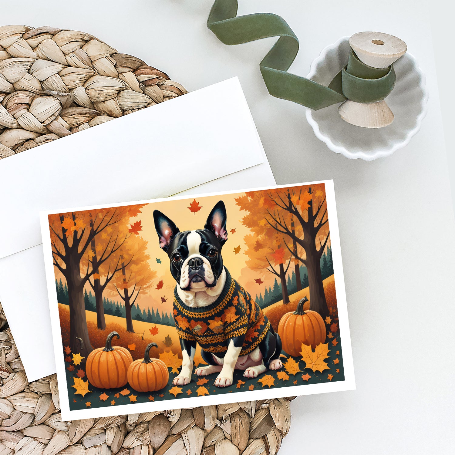 Boston Terrier Fall Greeting Cards and Envelopes Pack of 8