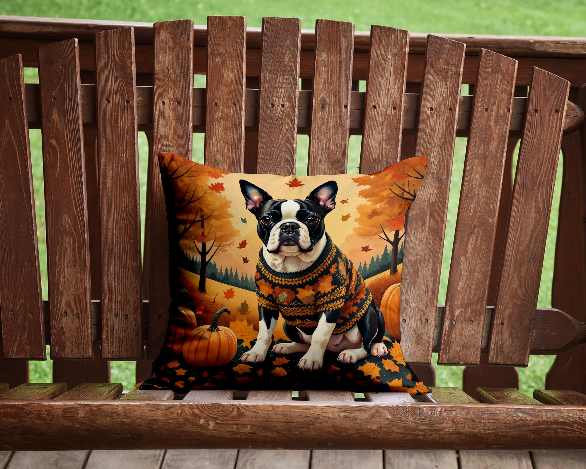 Boston Terrier Fall Fabric Decorative Pillow