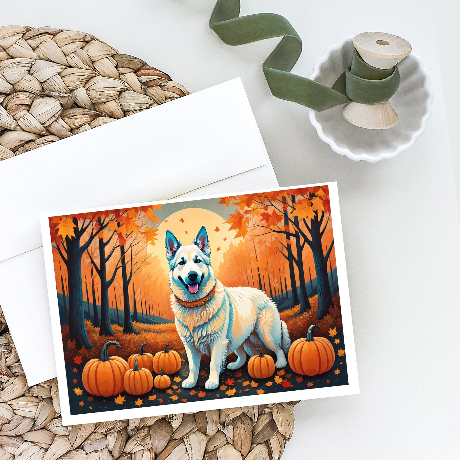 White German Shepherd Fall Greeting Cards and Envelopes Pack of 8