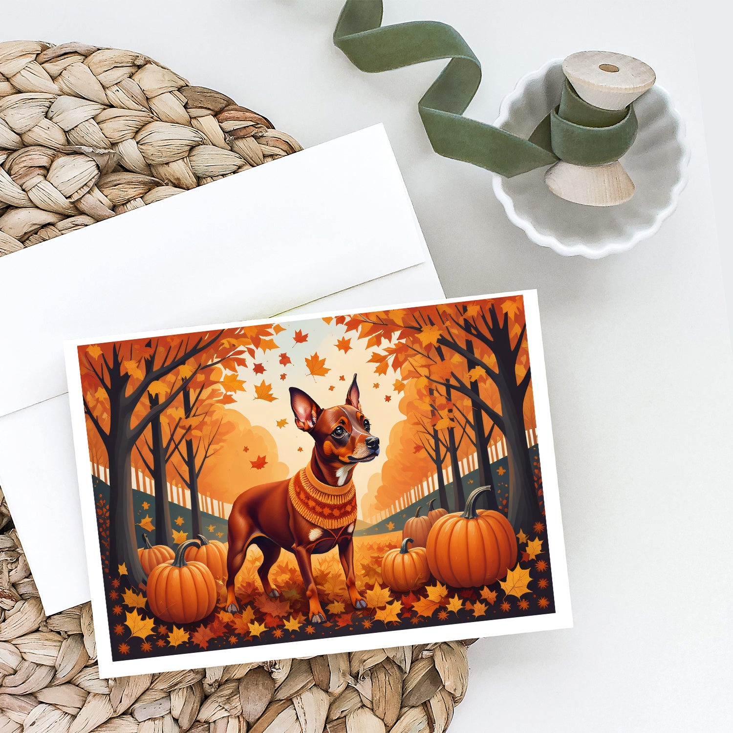 Red Miniature Pinscher Fall Greeting Cards and Envelopes Pack of 8