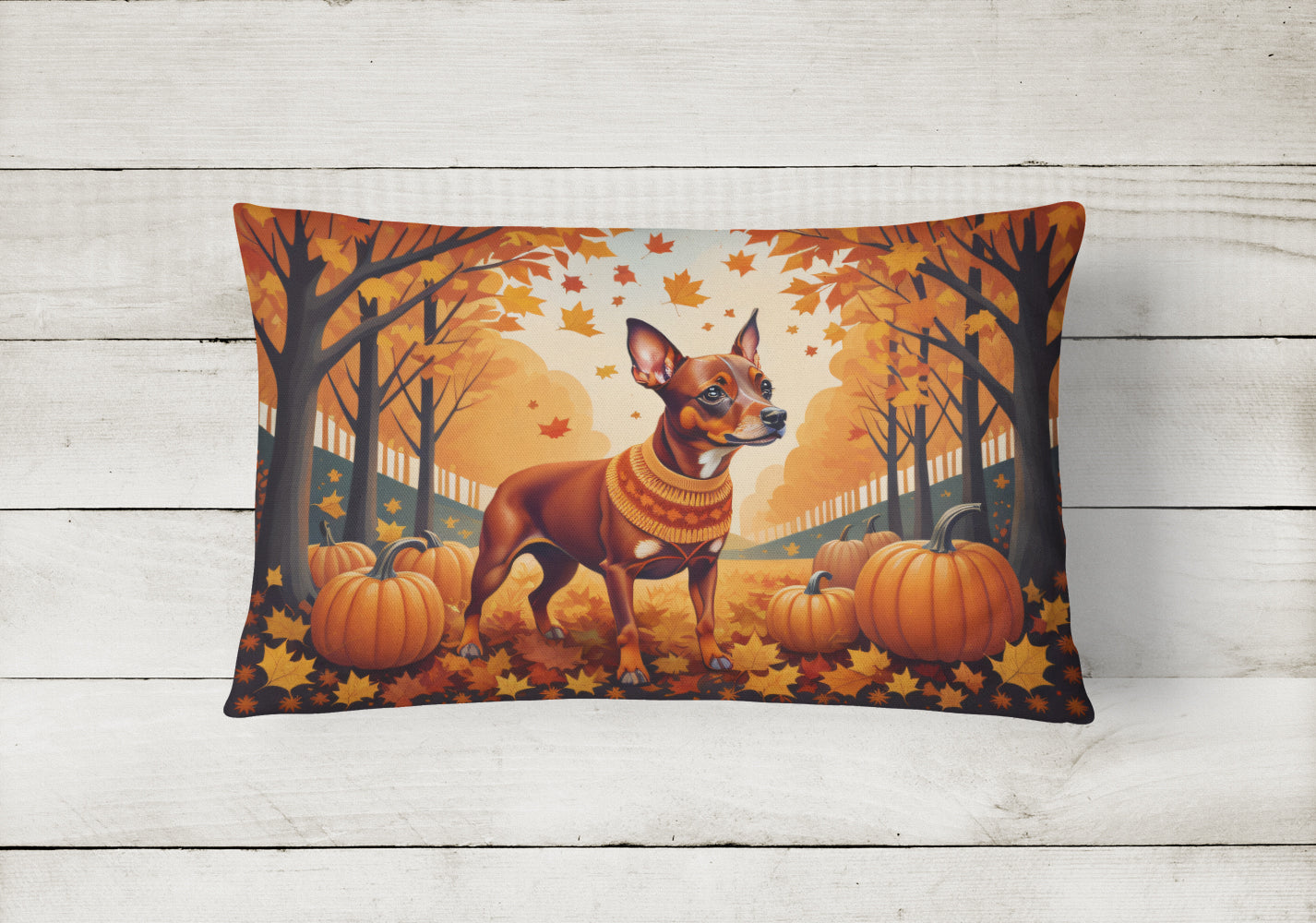 Buy this Red Miniature Pinscher Fall Fabric Decorative Pillow