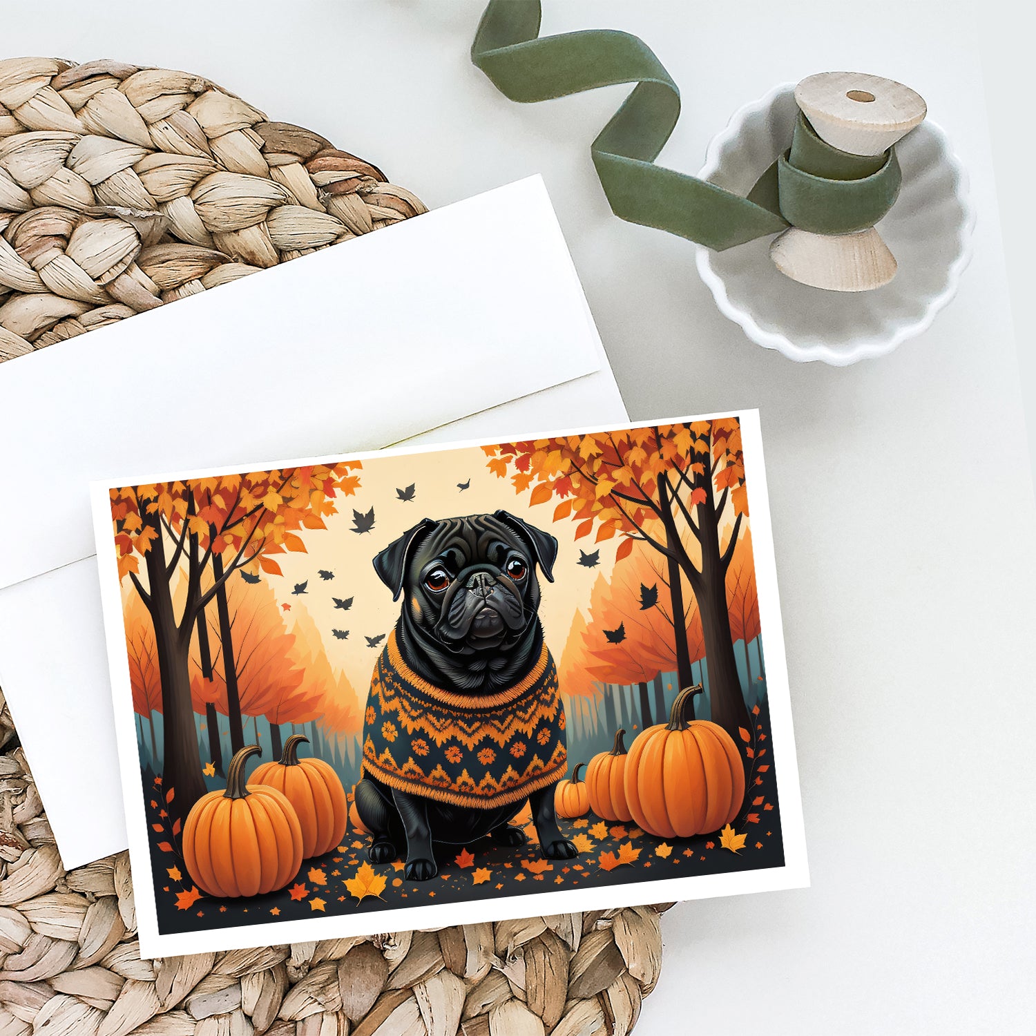 Black Pug Fall Greeting Cards and Envelopes Pack of 8