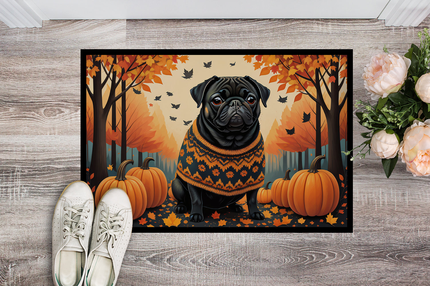 Black Pug Fall Doormat 18x27
