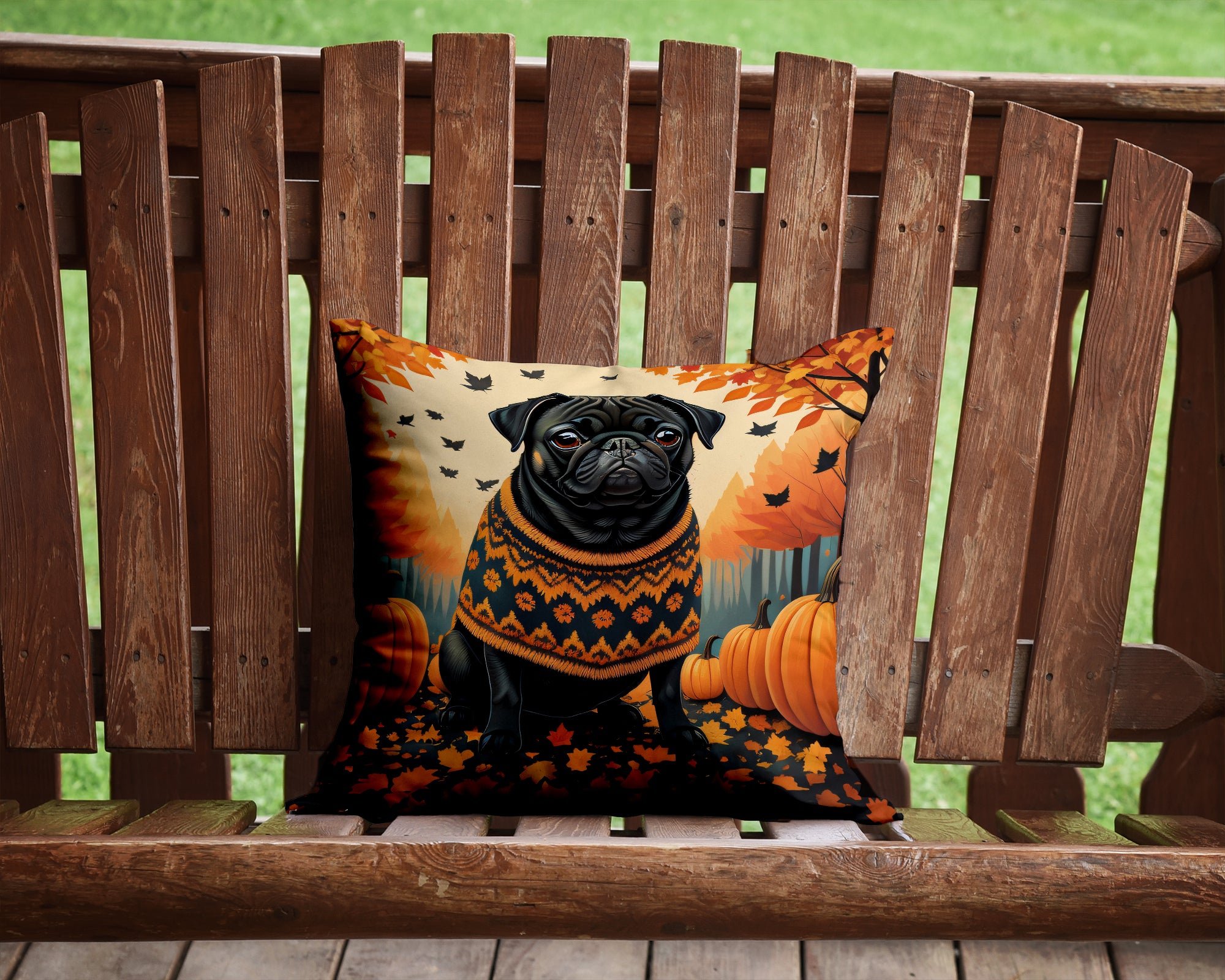 Black Pug Fall Fabric Decorative Pillow