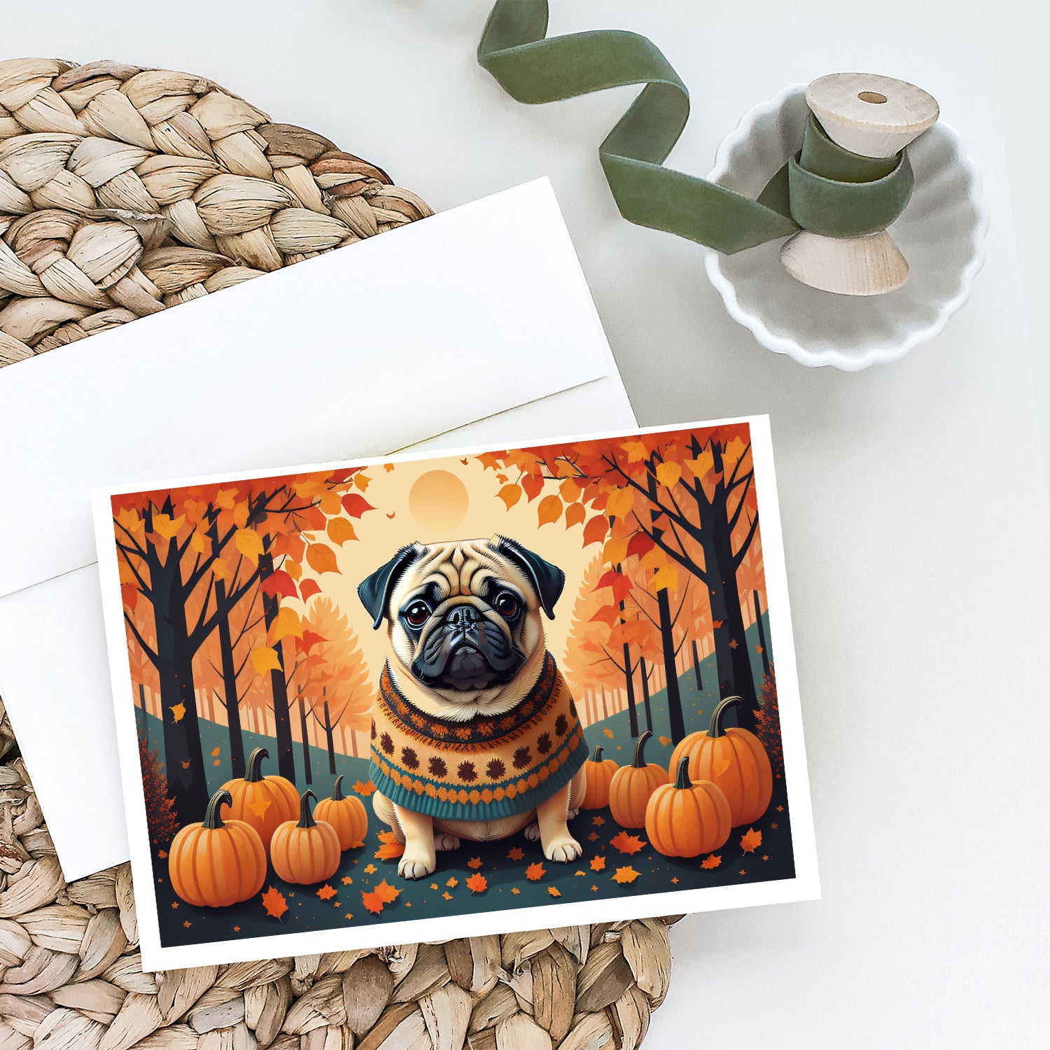 Buy this Fawn Pug Fall Greeting Cards and Envelopes Pack of 8