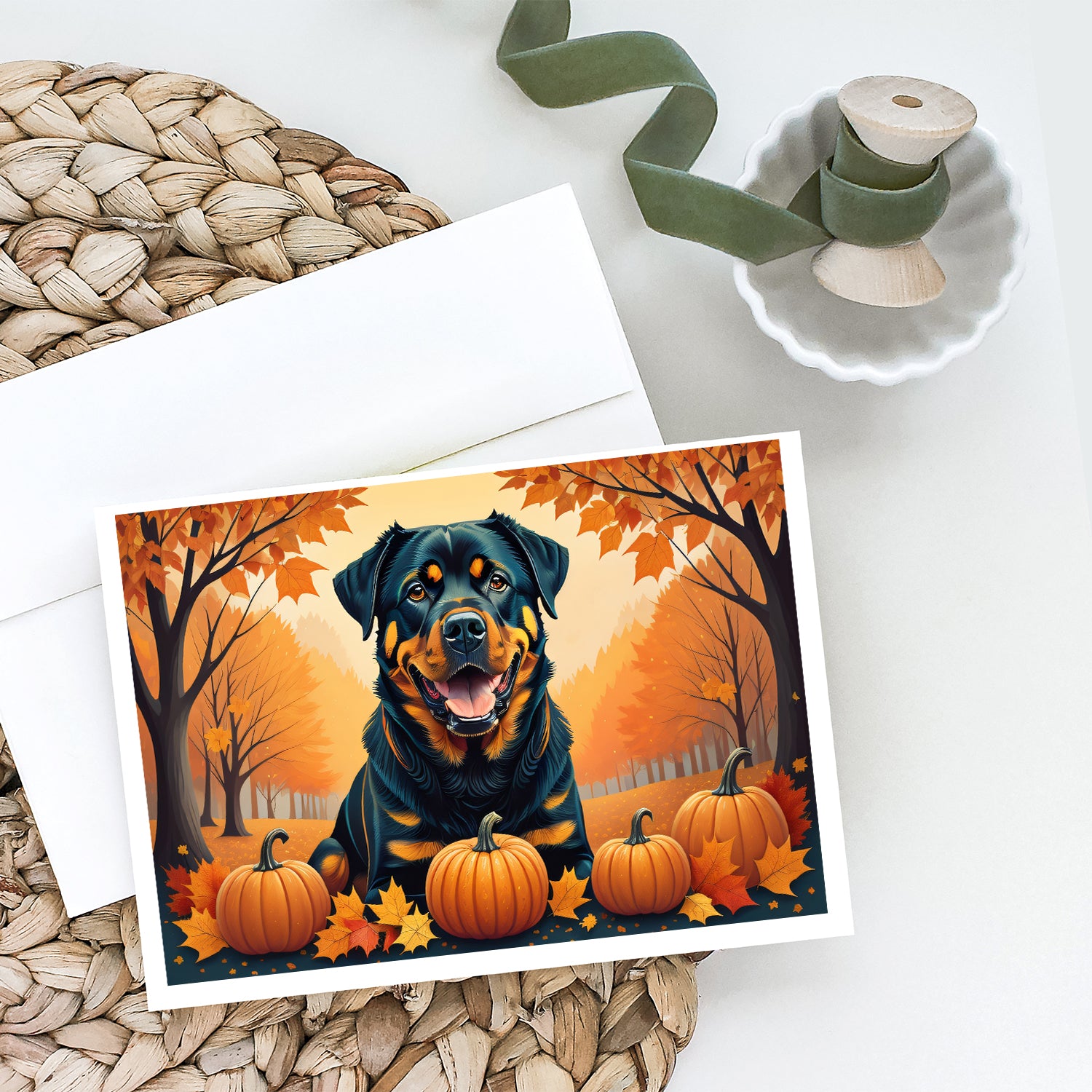 Rottweiler Fall Greeting Cards and Envelopes Pack of 8