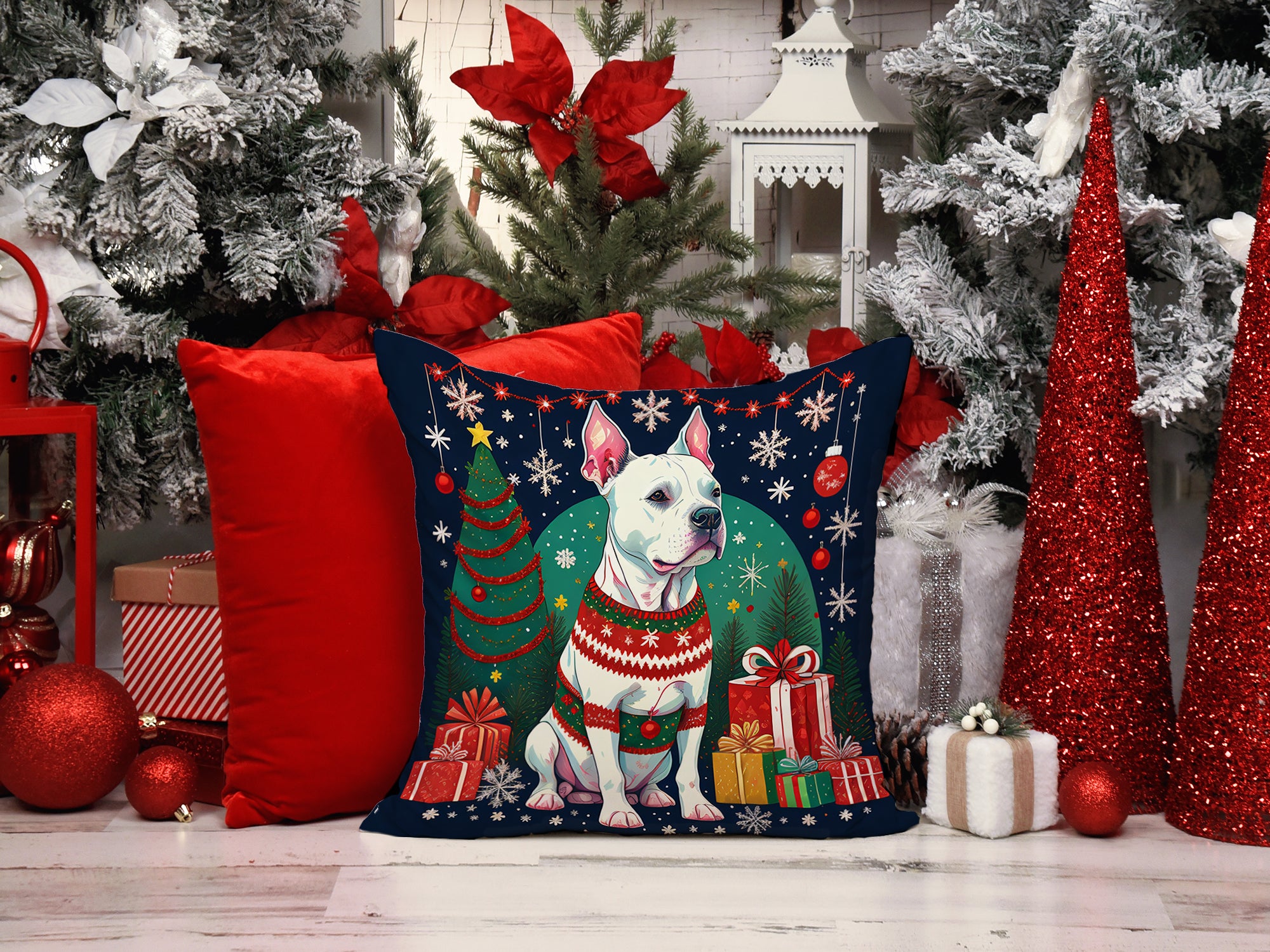 Buy this White Pit Bull Terrier Christmas Fabric Decorative Pillow