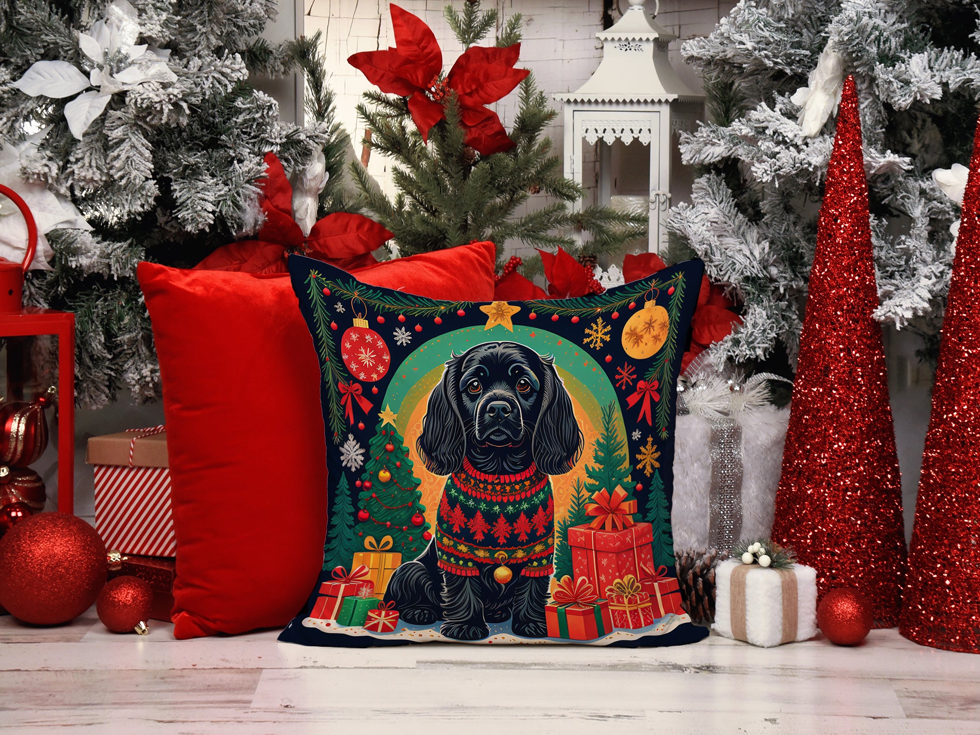 Buy this Black Cocker Spaniel Christmas Fabric Decorative Pillow