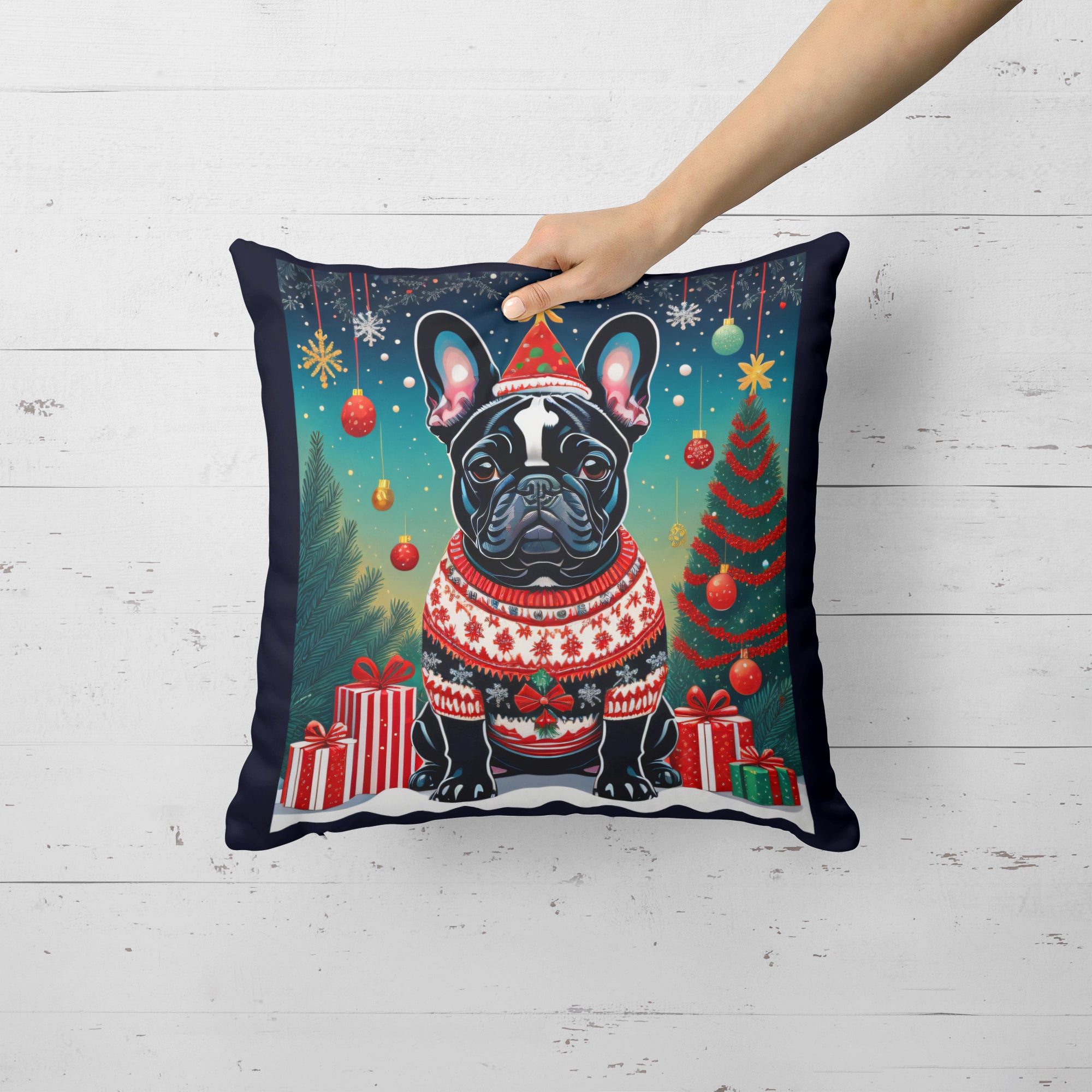 Buy this Black French Bulldog Christmas Fabric Decorative Pillow