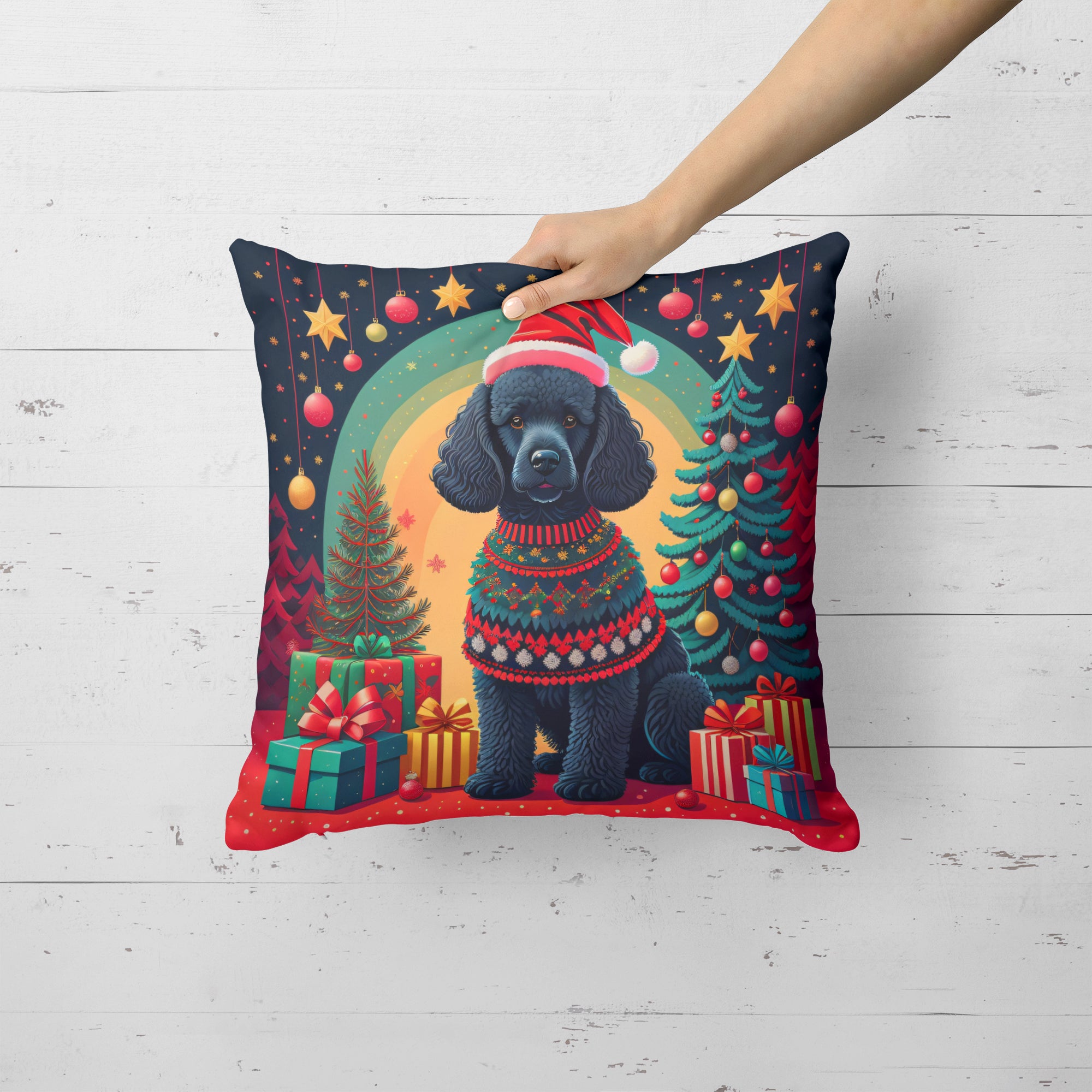 Buy this Black  Poodle Christmas Fabric Decorative Pillow