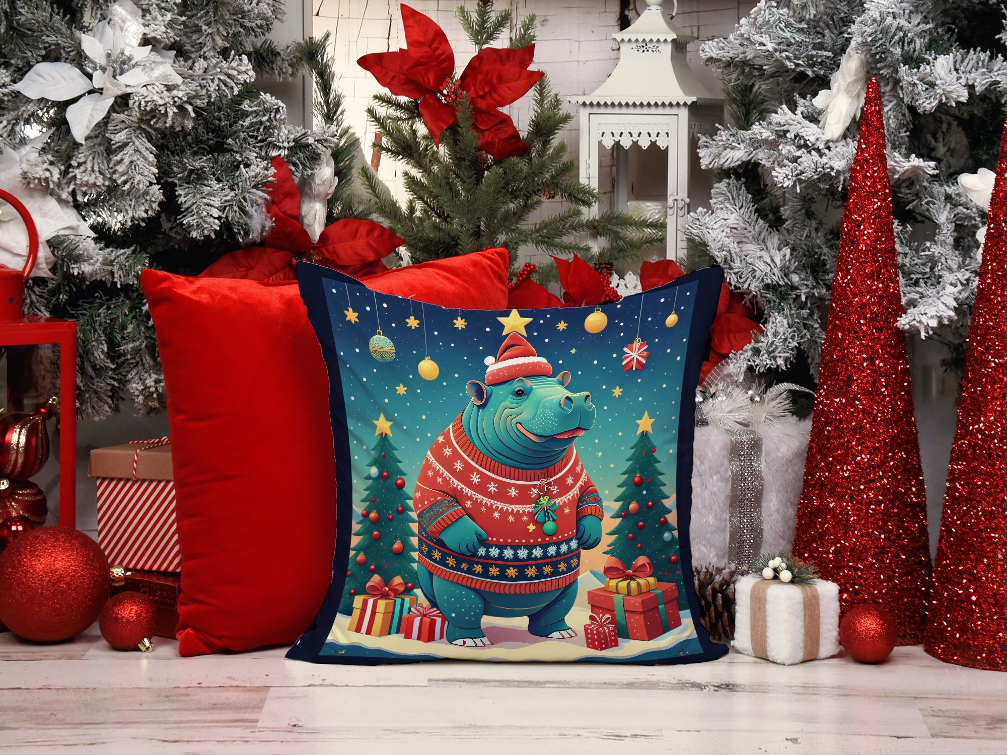 Hippopotamus Christmas Fabric Decorative Pillow
