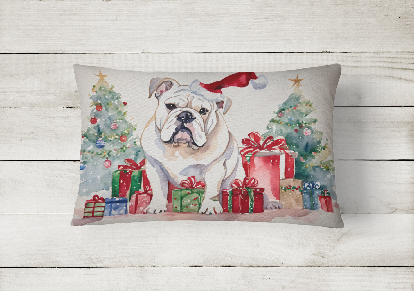 Buy this White English Bulldog Christmas Fabric Decorative Pillow