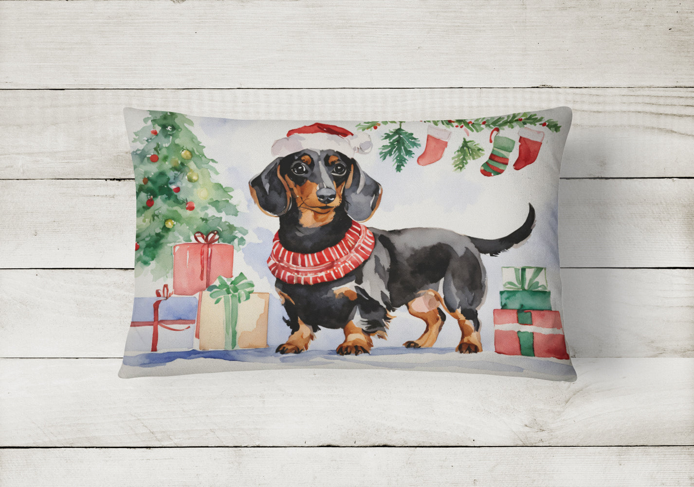 Buy this Black and Tan Dachshund Christmas Fabric Decorative Pillow