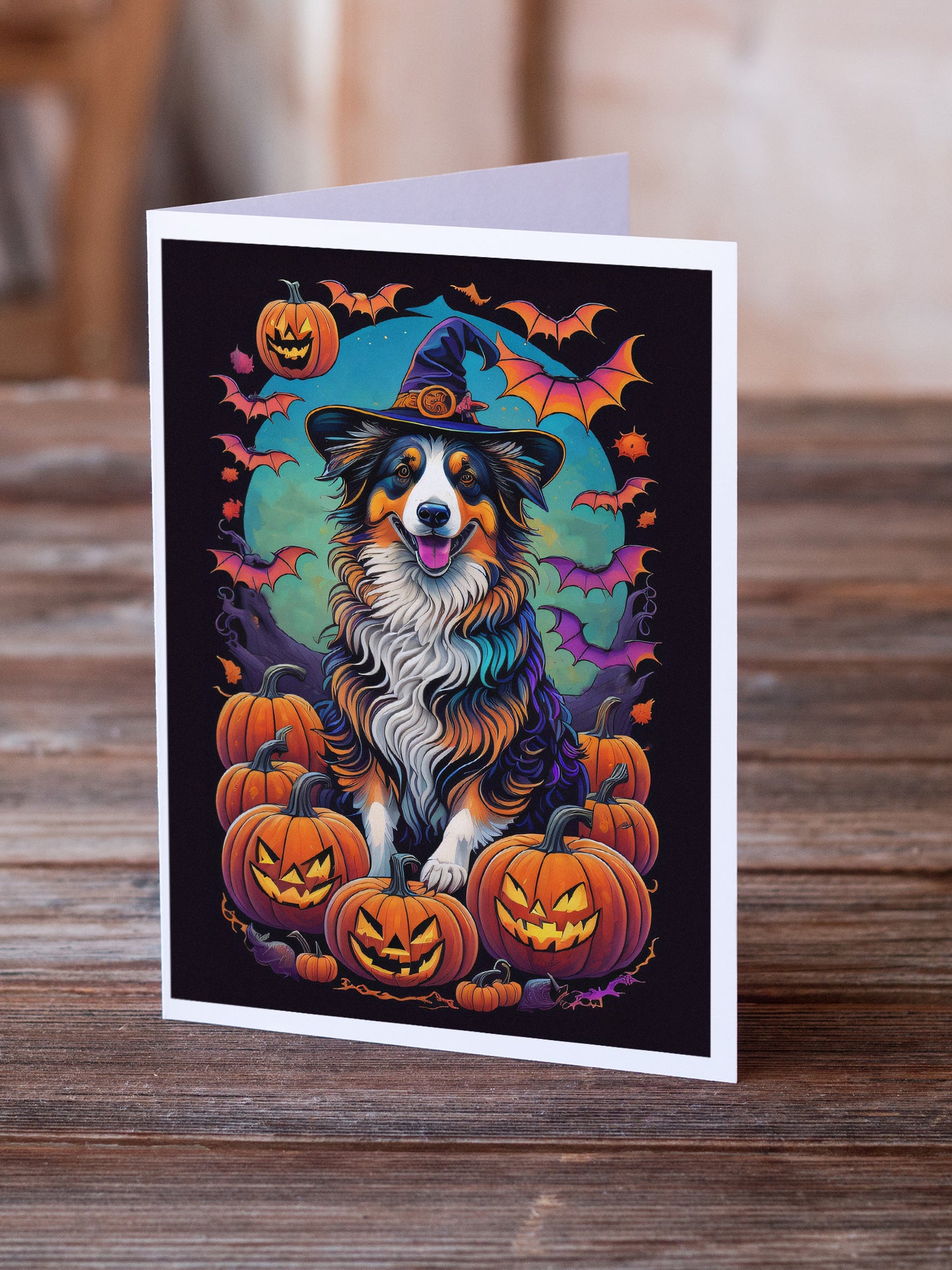 Buy this Australian Shepherd Witchy Halloween Greeting Cards and Envelopes Pack of 8