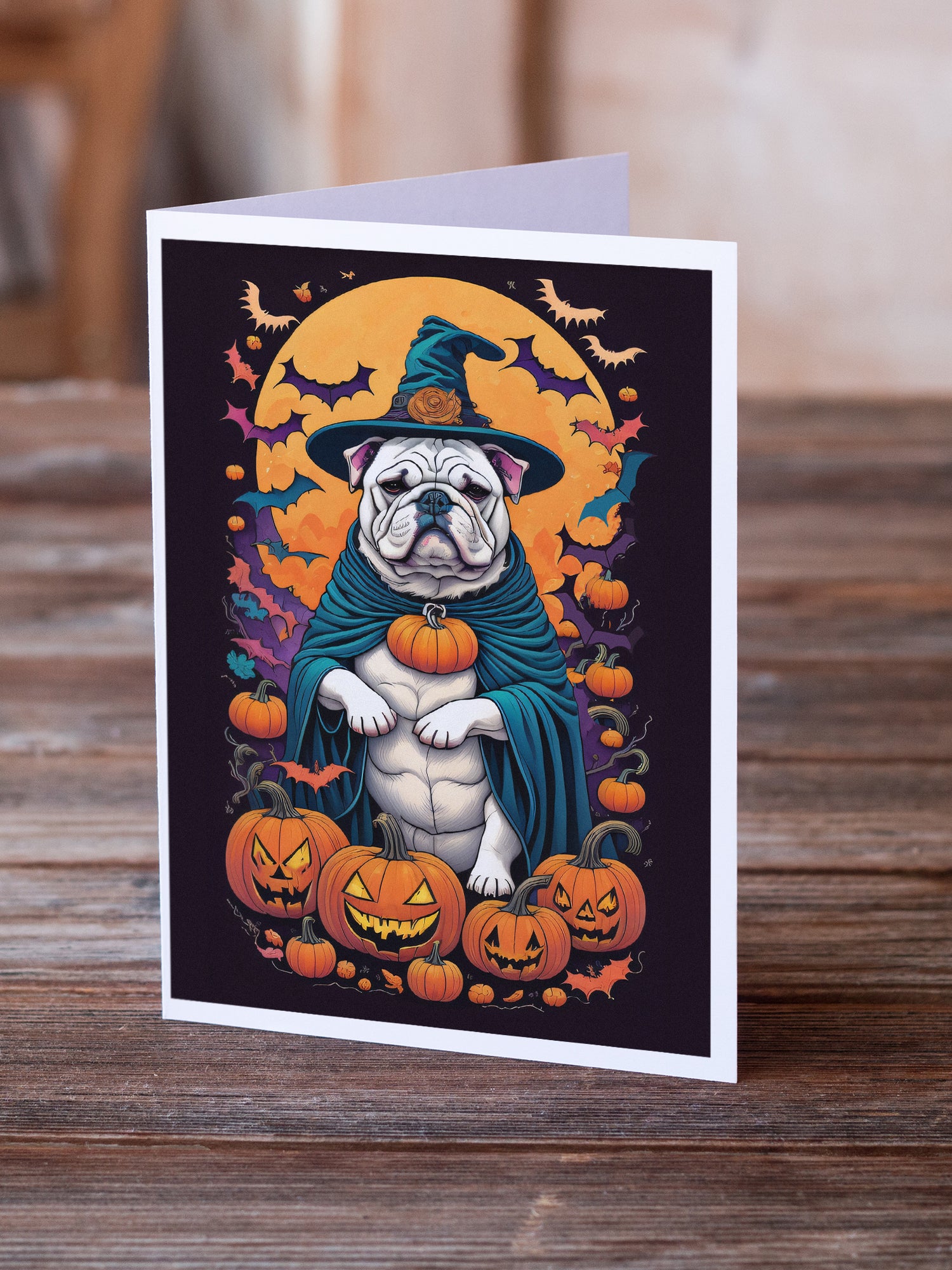 Buy this White English Bulldog Witchy Halloween Greeting Cards and Envelopes Pack of 8
