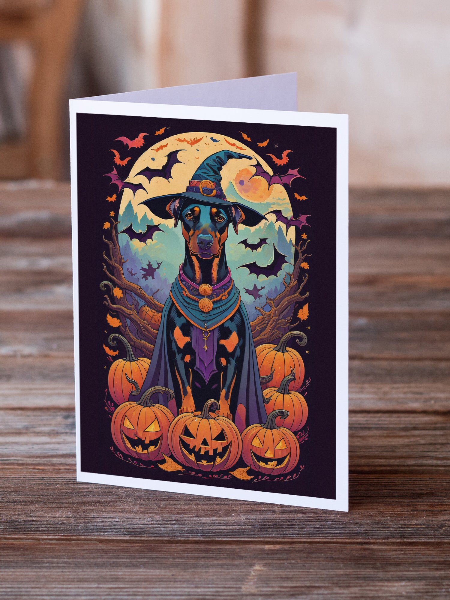 Buy this Doberman Pinscher Witchy Halloween Greeting Cards and Envelopes Pack of 8
