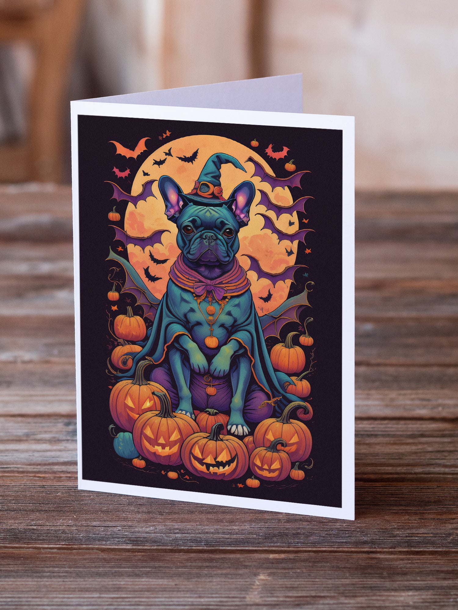 Buy this Black French Bulldog Witchy Halloween Greeting Cards and Envelopes Pack of 8