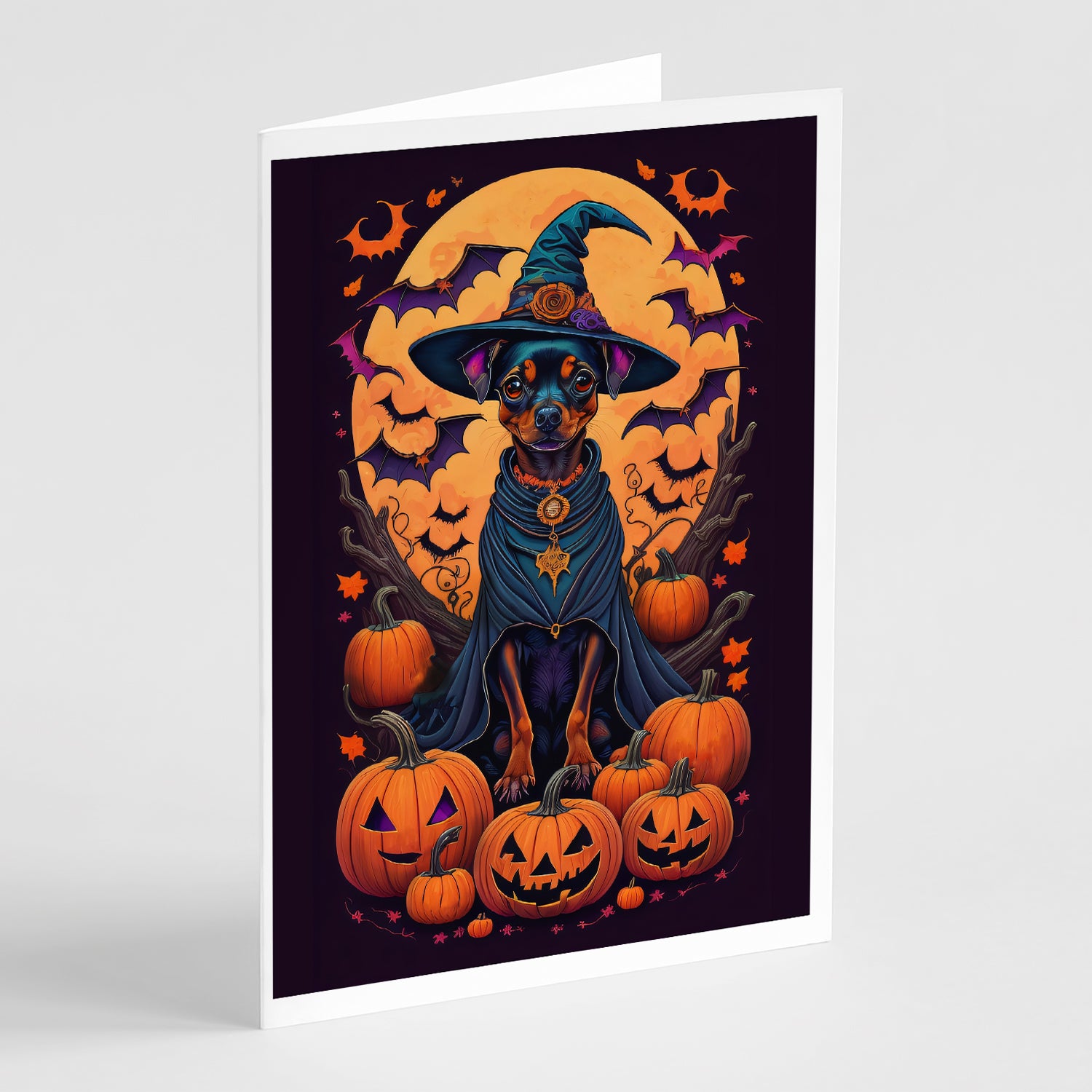 Buy this Miniature Pinscher Witchy Halloween Greeting Cards and Envelopes Pack of 8