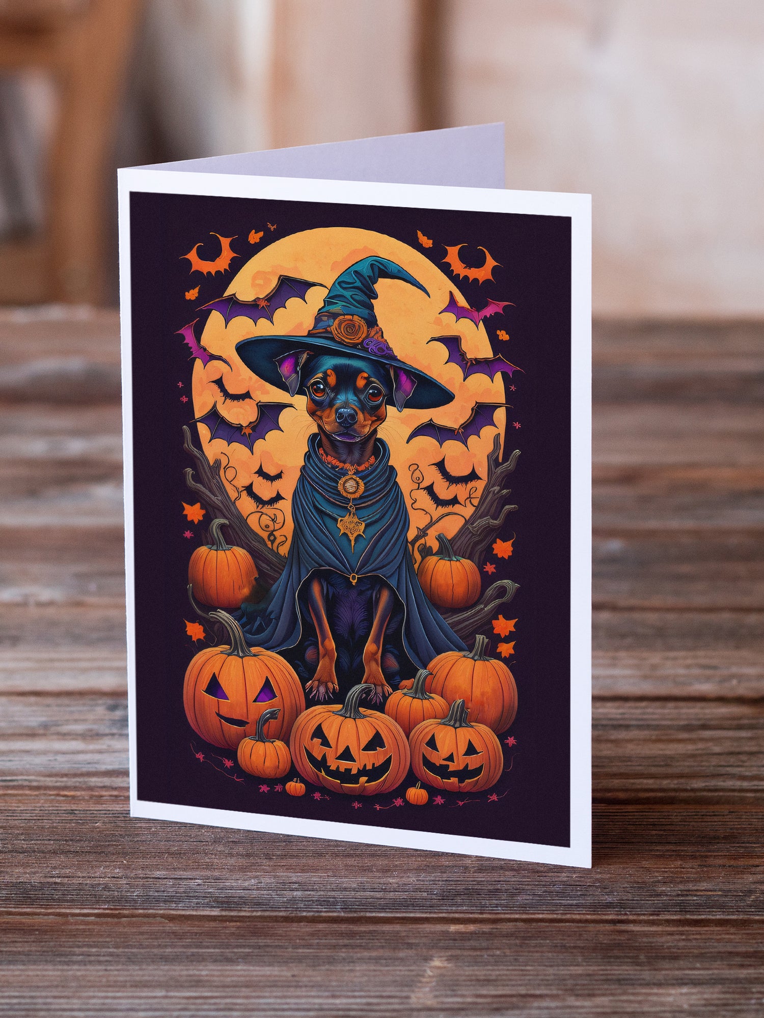 Miniature Pinscher Witchy Halloween Greeting Cards and Envelopes Pack of 8