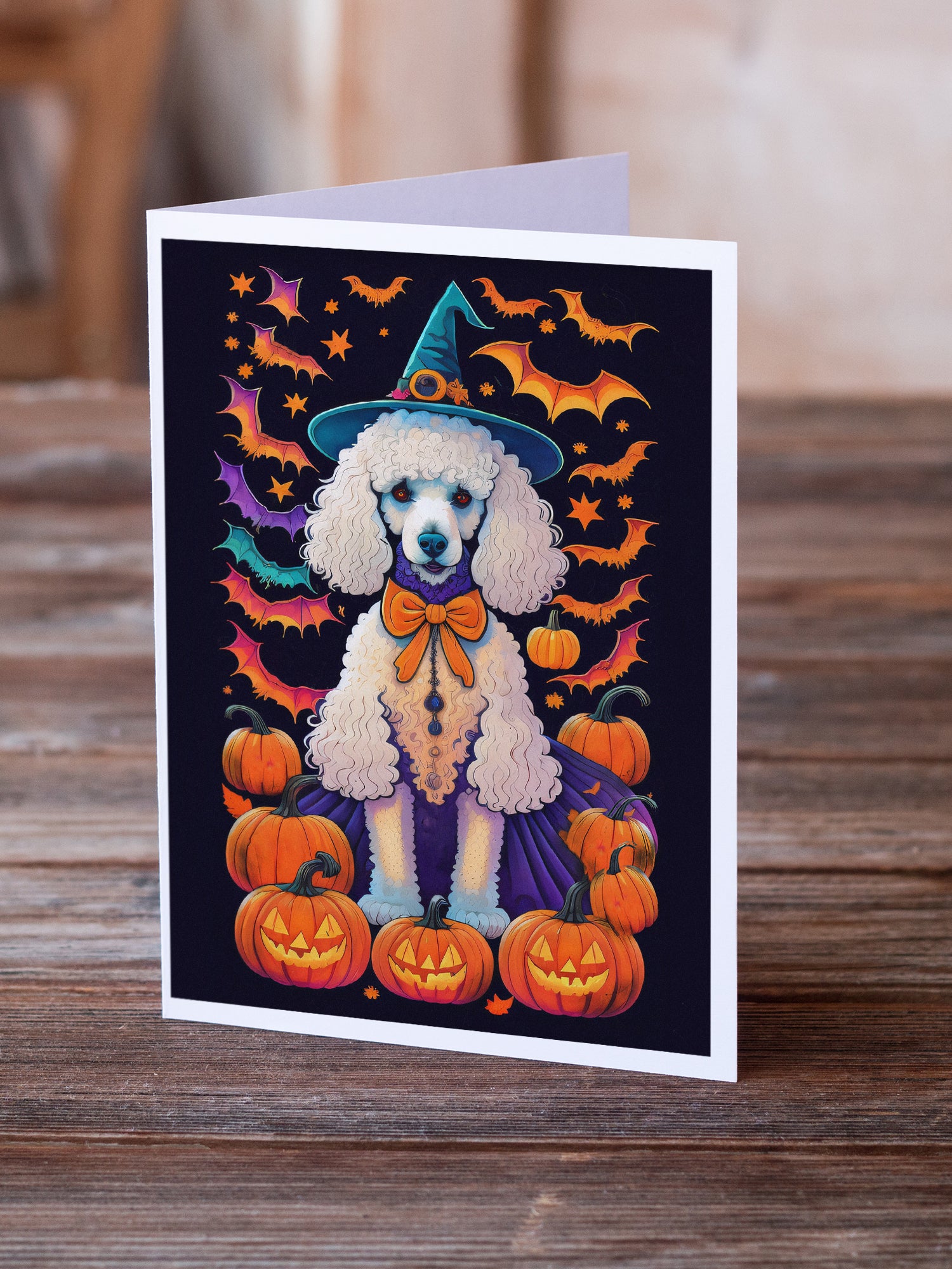 Buy this White Standard Poodle Witchy Halloween Greeting Cards and Envelopes Pack of 8