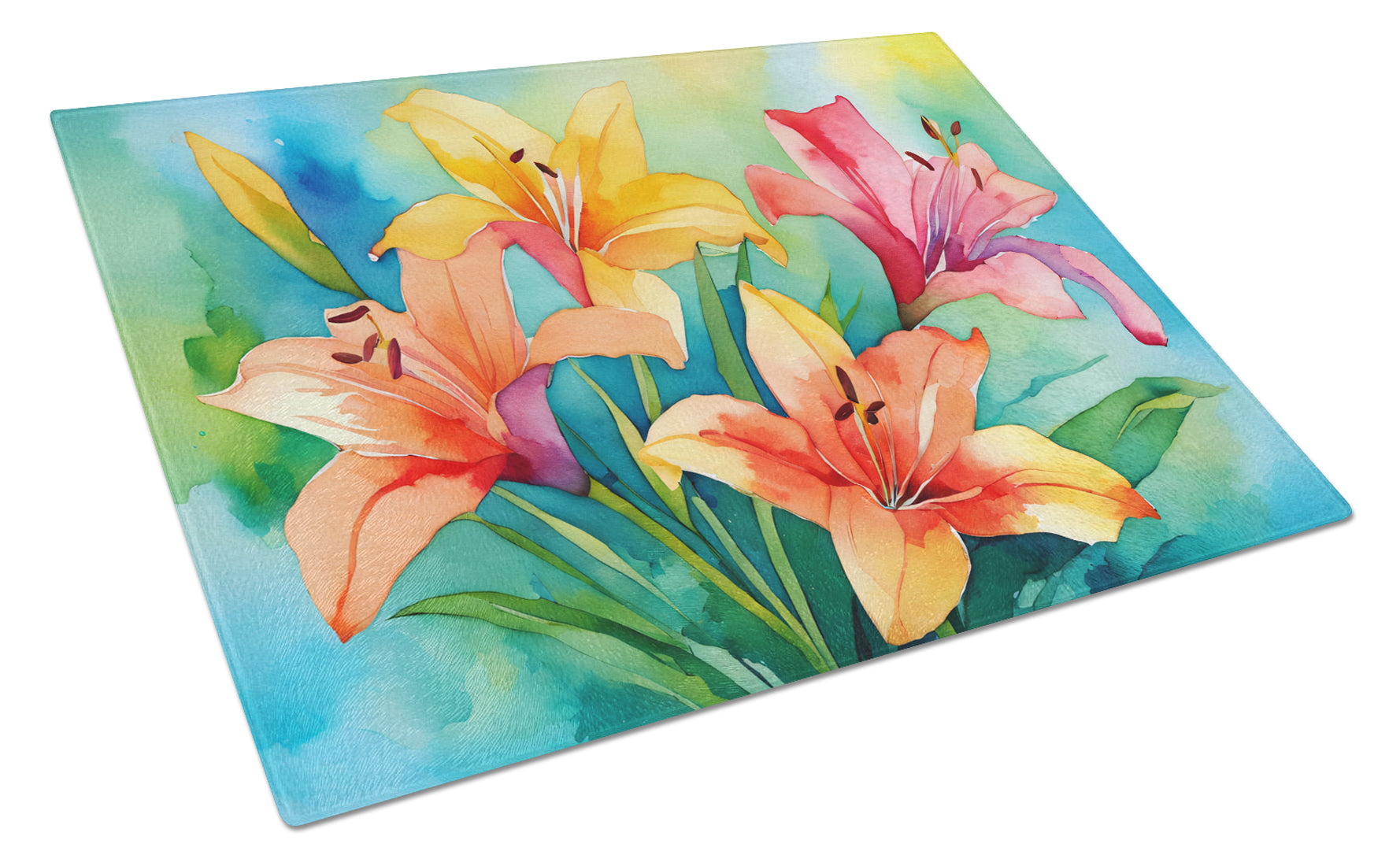 Buy this Lilies in Watercolor Glass Cutting Board Large