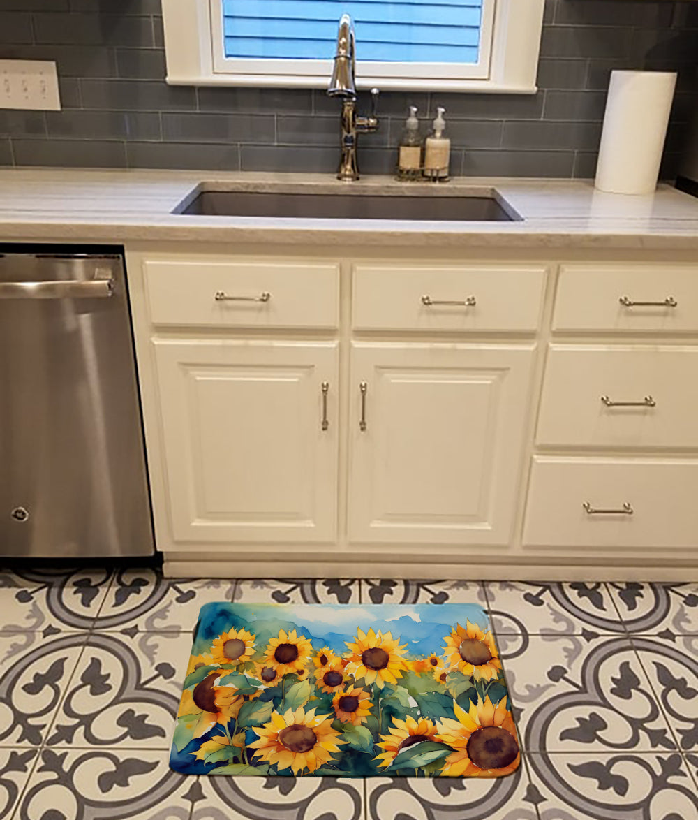 Sunflowers in Watercolor Memory Foam Kitchen Mat