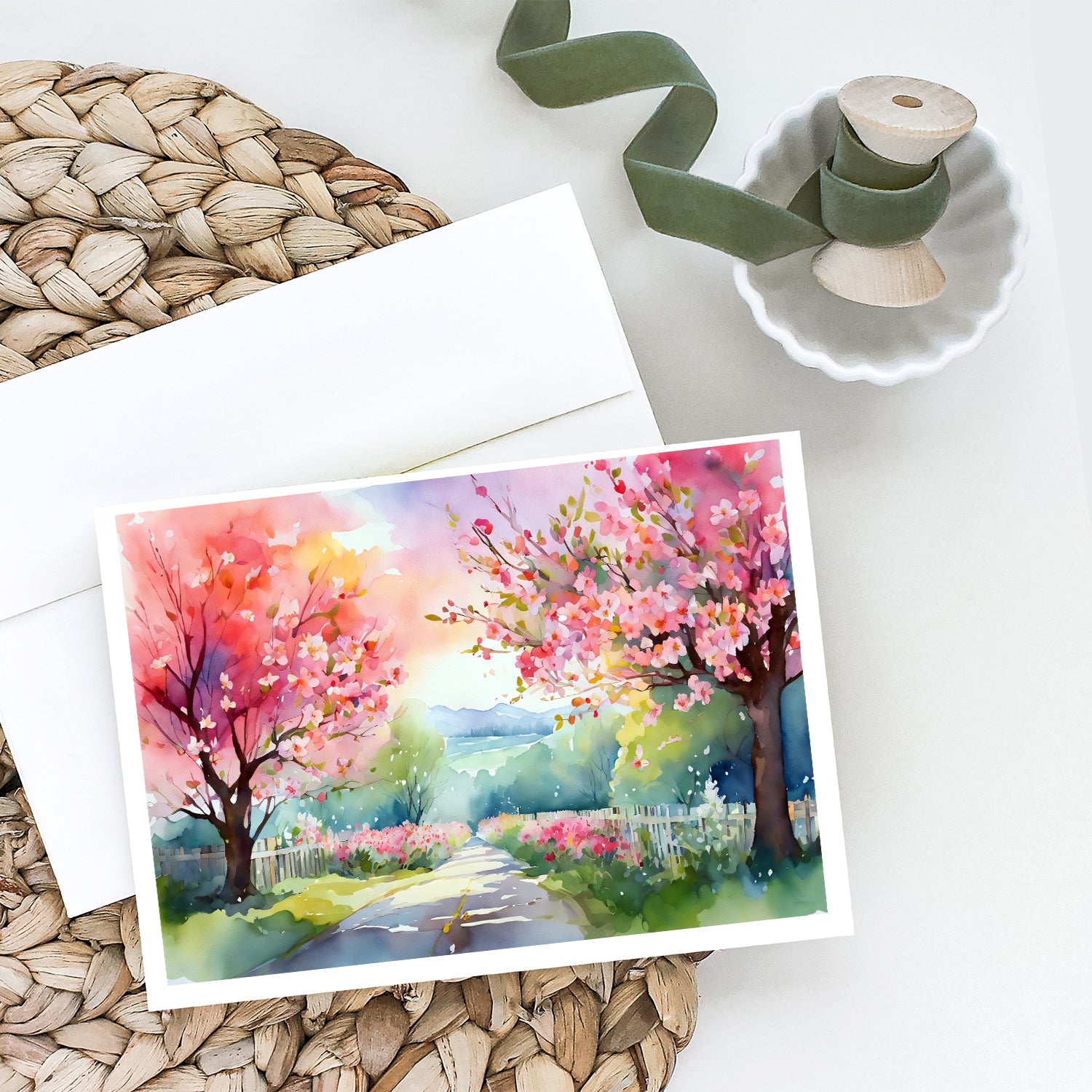 Michigan Apple Blossoms in Watercolor Greeting Cards and Envelopes Pack of 8