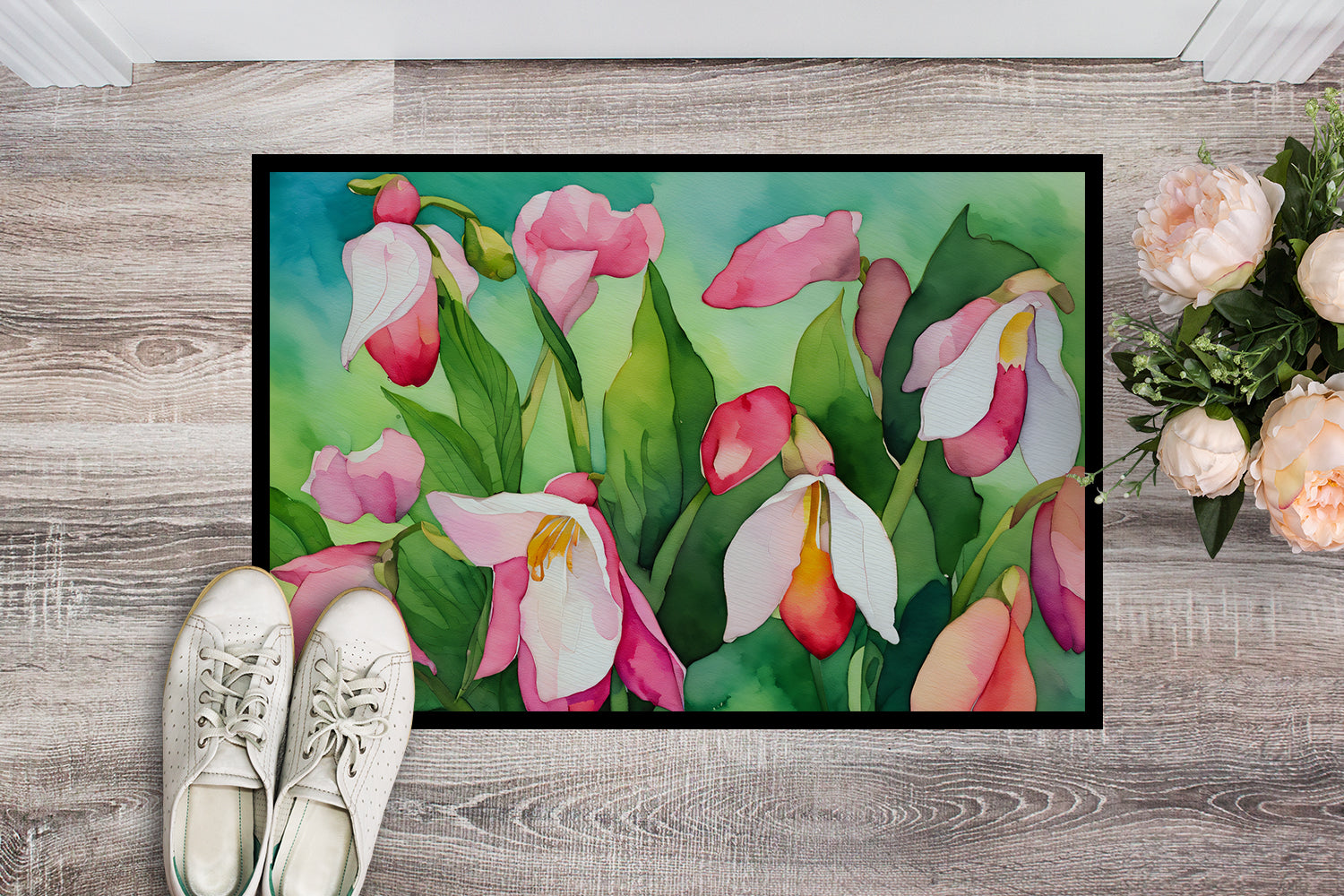 Minnesota Pink and White Lady’s Slippers in Watercolor Doormat 18x27