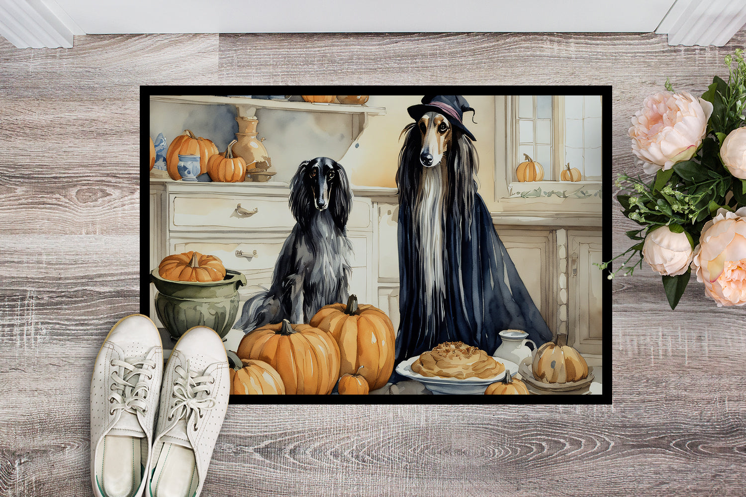 Buy this Afghan Hound Fall Kitchen Pumpkins Indoor or Outdoor Mat 24x36