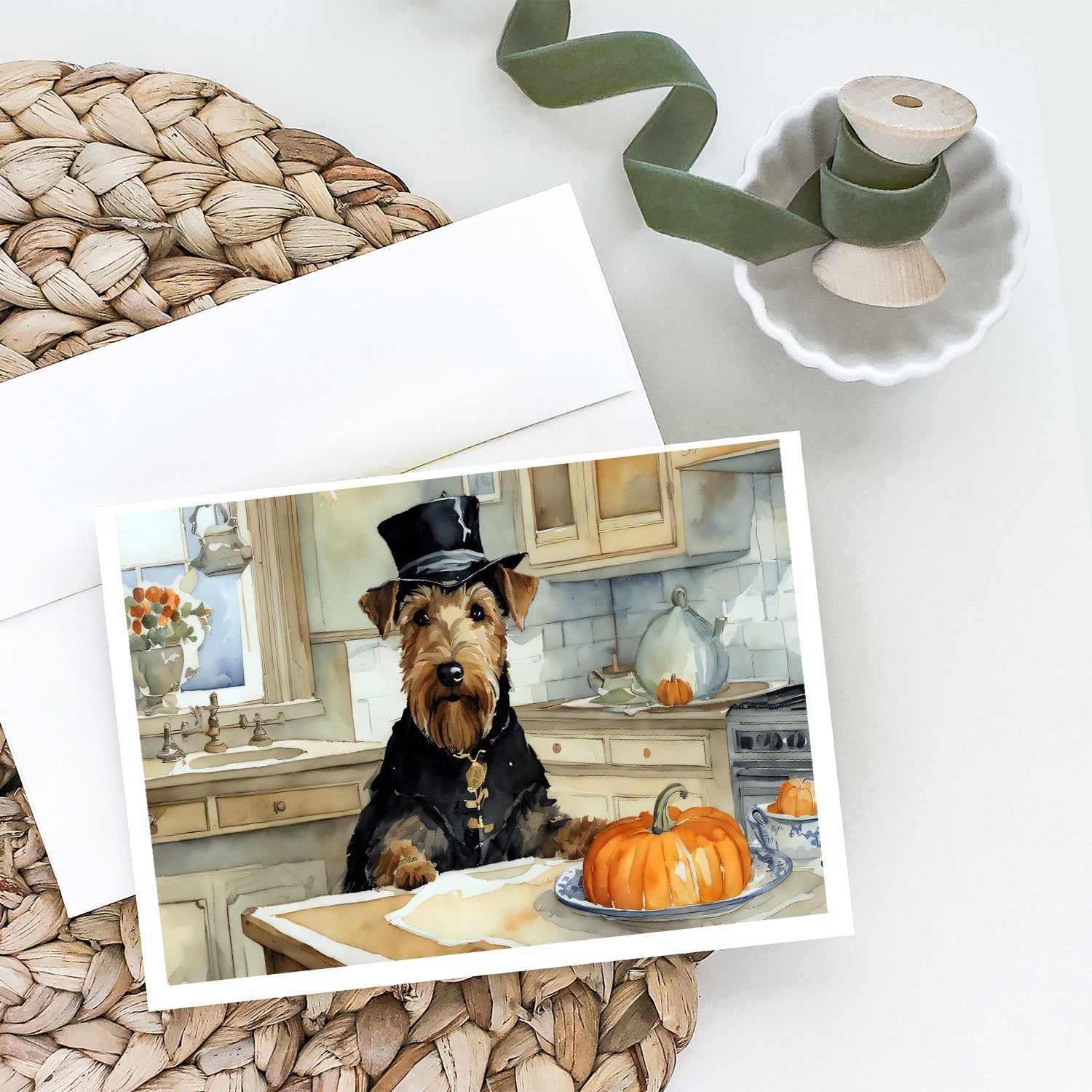 Airedale Terrier Fall Kitchen Pumpkins Greeting Cards and Envelopes Pack of 8