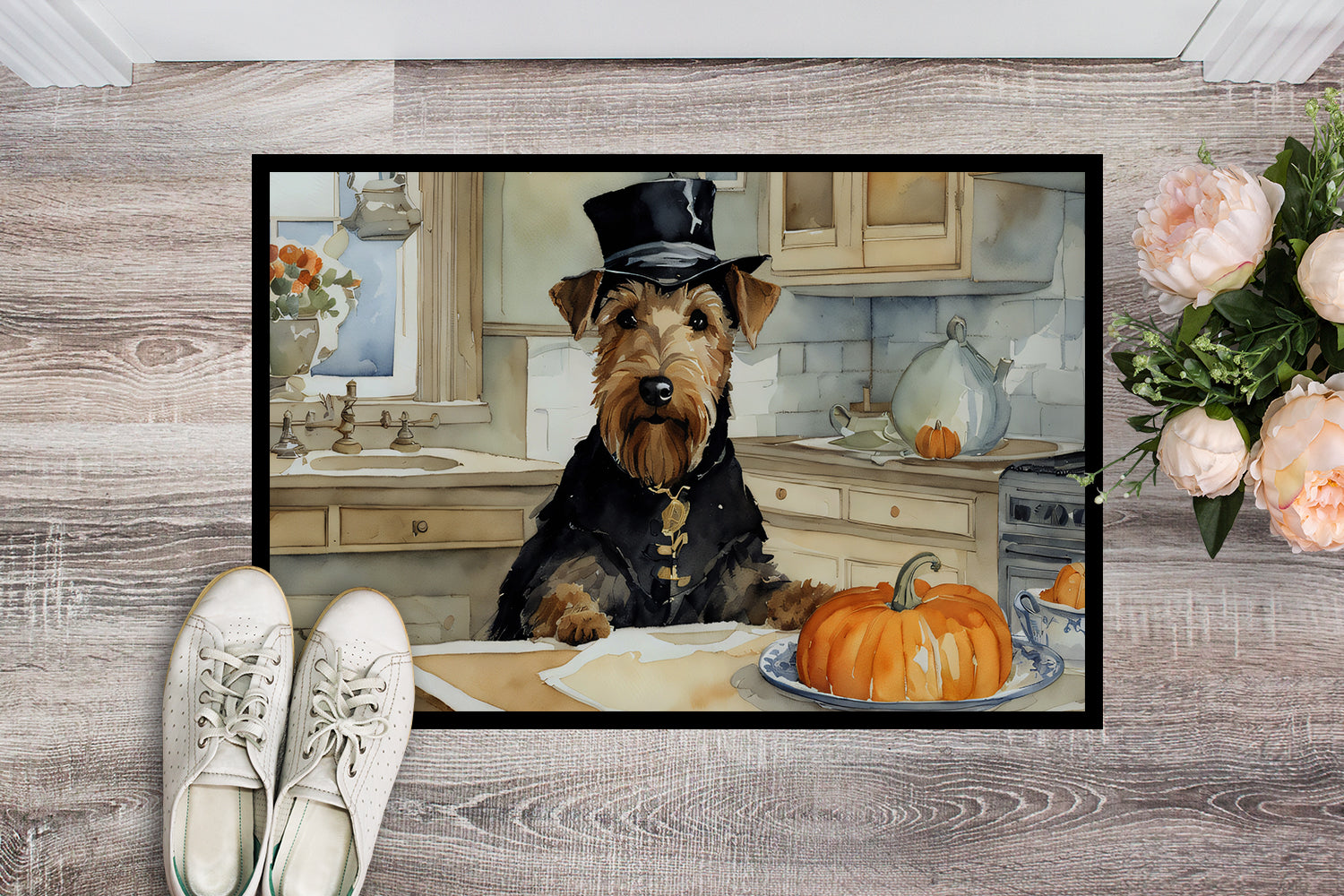 Buy this Airedale Terrier Fall Kitchen Pumpkins Indoor or Outdoor Mat 24x36