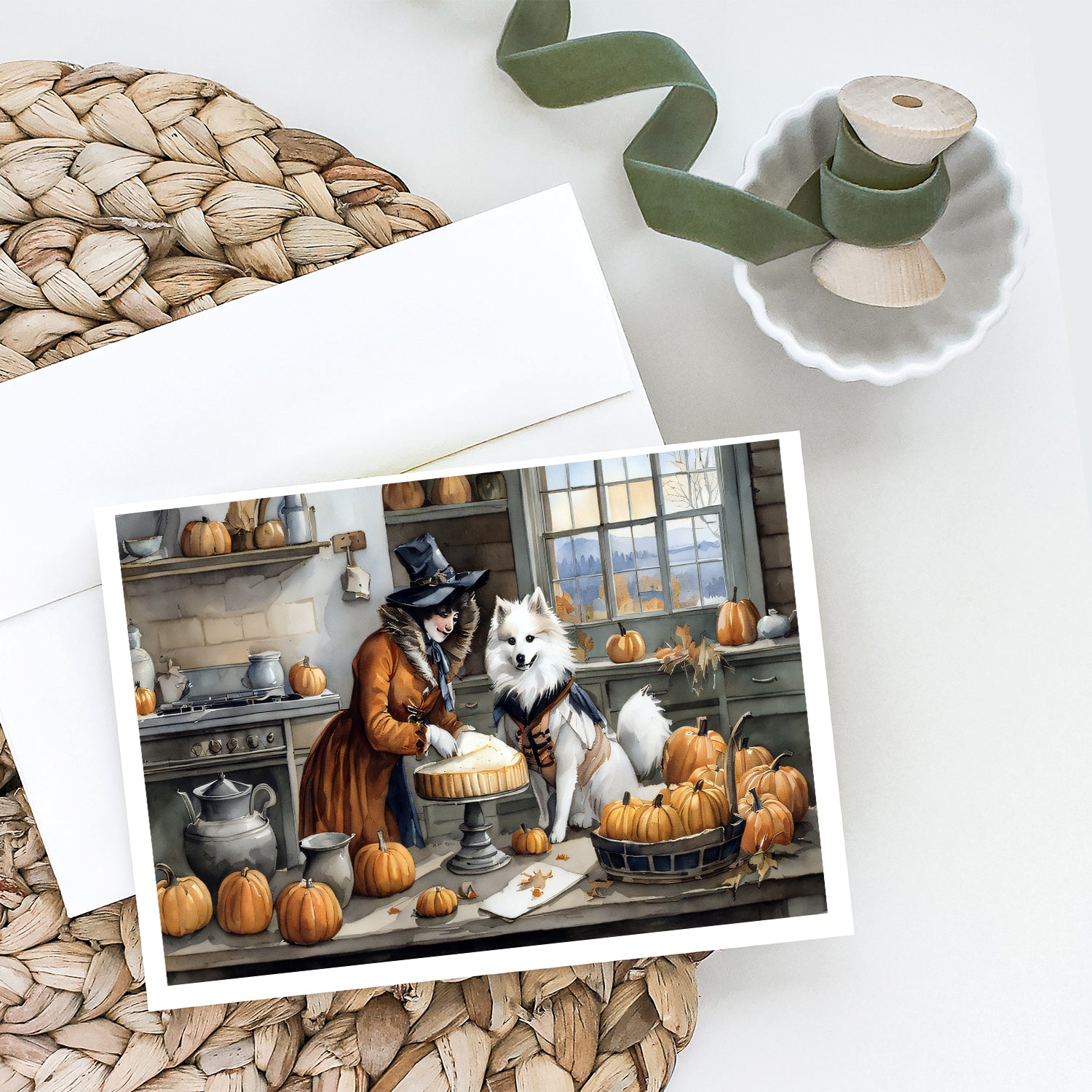 Buy this American Eskimo Fall Kitchen Pumpkins Greeting Cards and Envelopes Pack of 8