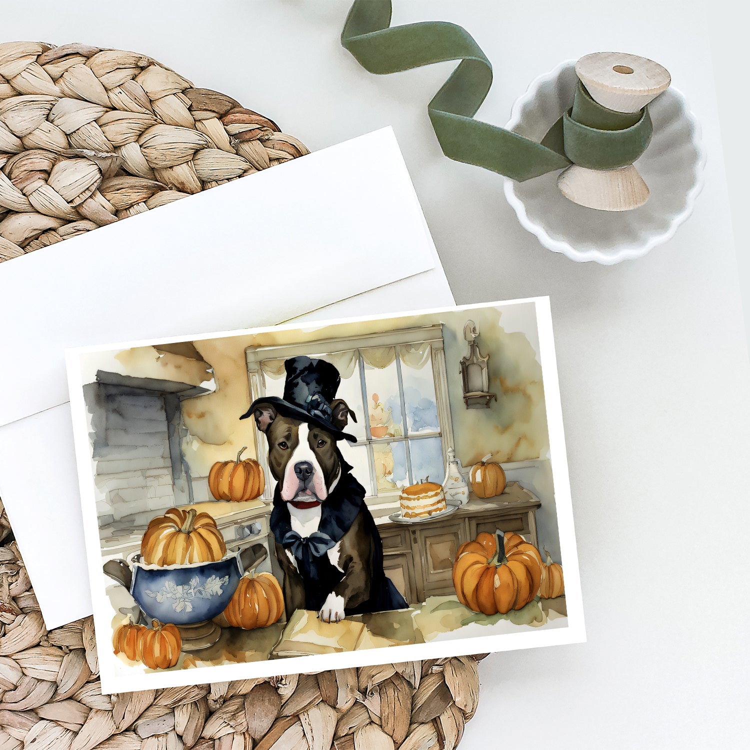 Buy this Pit Bull Terrier Fall Kitchen Pumpkins Greeting Cards and Envelopes Pack of 8