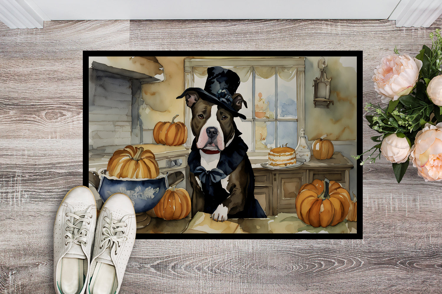Buy this Pit Bull Terrier Fall Kitchen Pumpkins Doormat 18x27
