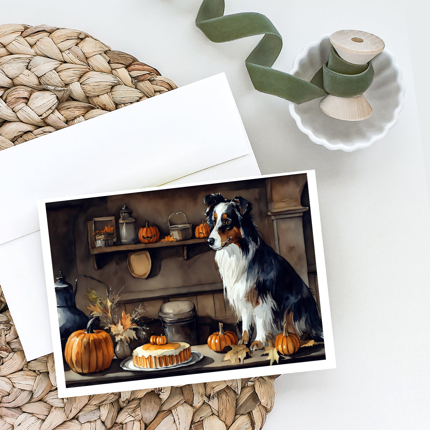 Buy this Australian Shepherd Fall Kitchen Pumpkins Greeting Cards and Envelopes Pack of 8