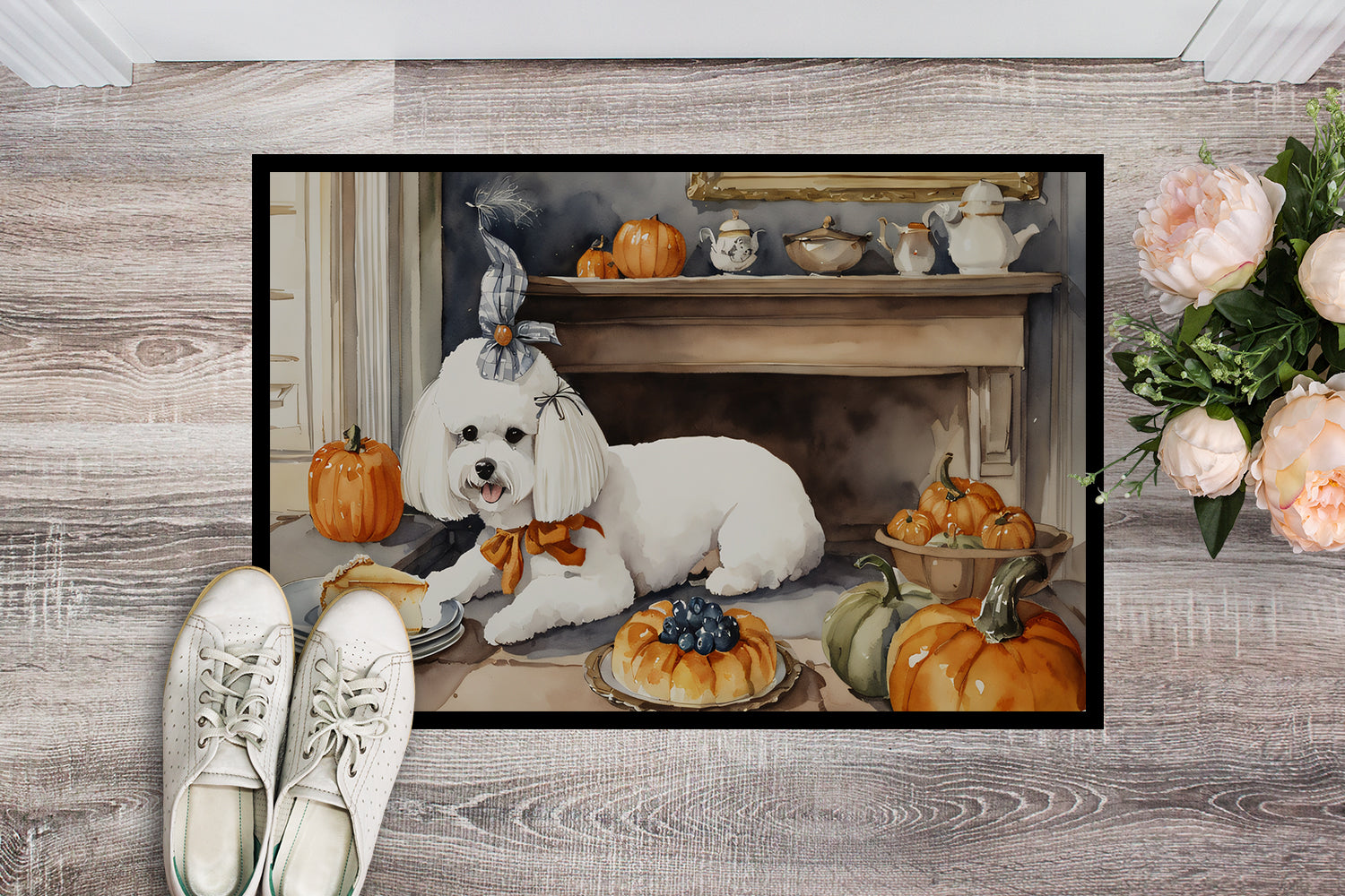 Bichon Frise Fall Kitchen Pumpkins Doormat 18x27