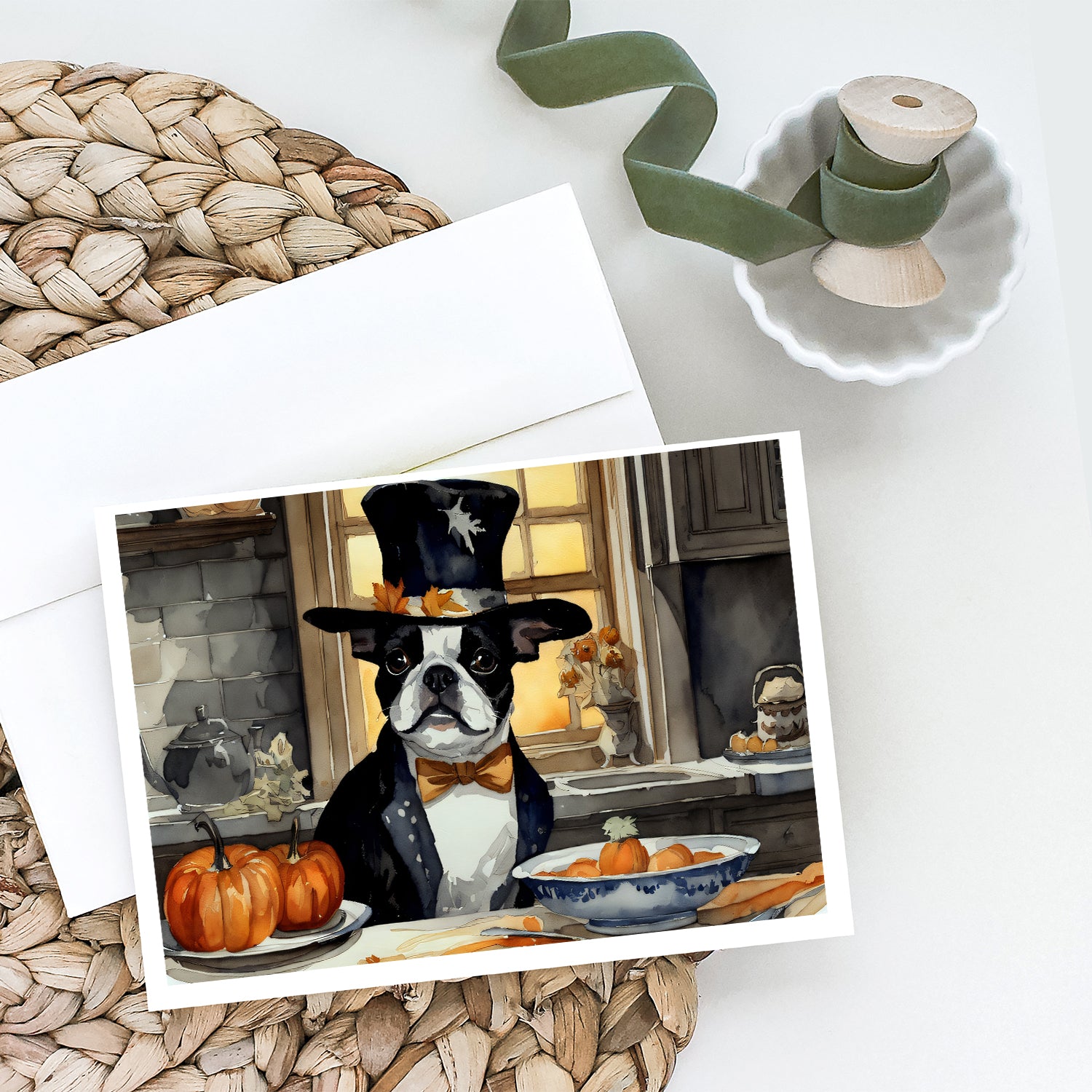Buy this Boston Terrier Fall Kitchen Pumpkins Greeting Cards and Envelopes Pack of 8