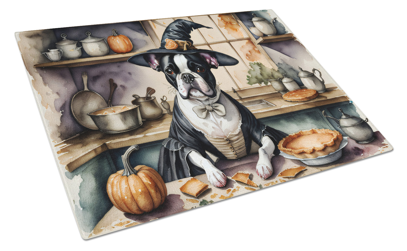 Buy this Boston Terrier Fall Kitchen Pumpkins Glass Cutting Board Large
