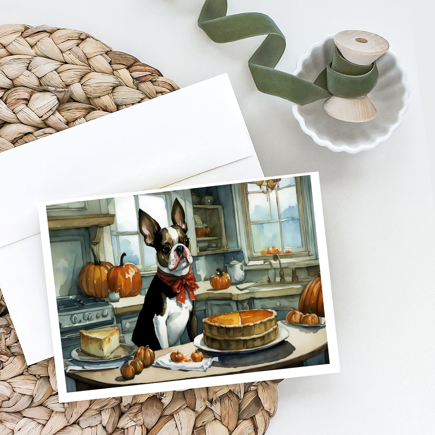 Boston Terrier Fall Kitchen Pumpkins Greeting Cards and Envelopes Pack of 8