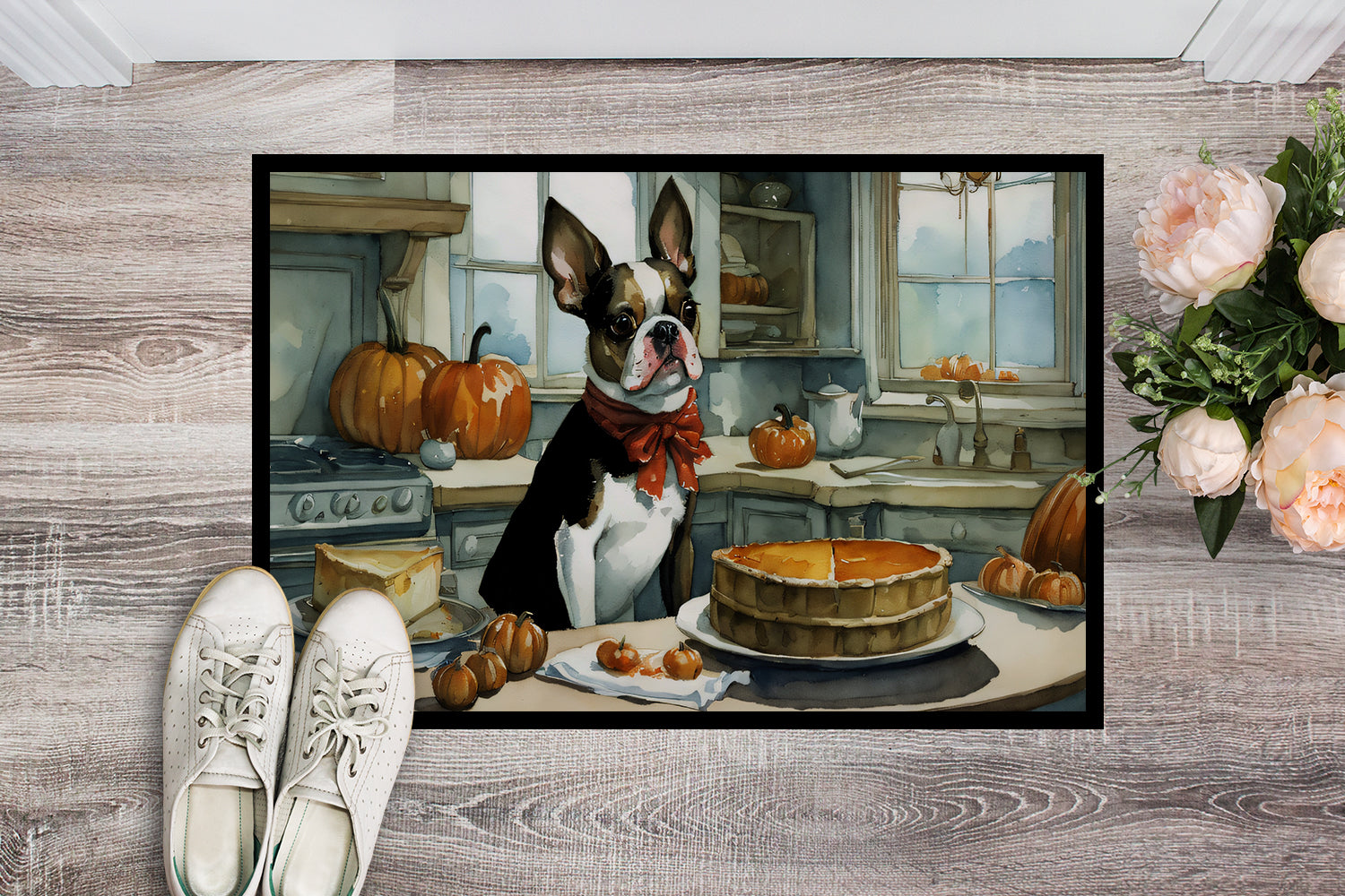 Boston Terrier Fall Kitchen Pumpkins Doormat 18x27