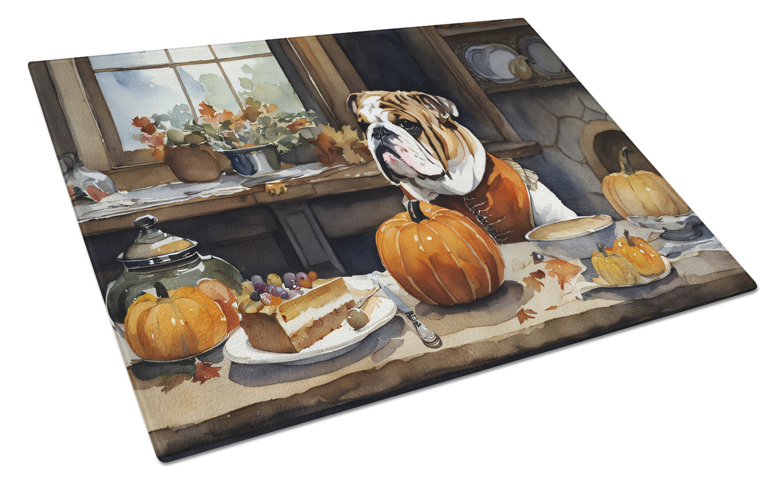 Buy this English Bulldog Fall Kitchen Pumpkins Glass Cutting Board Large