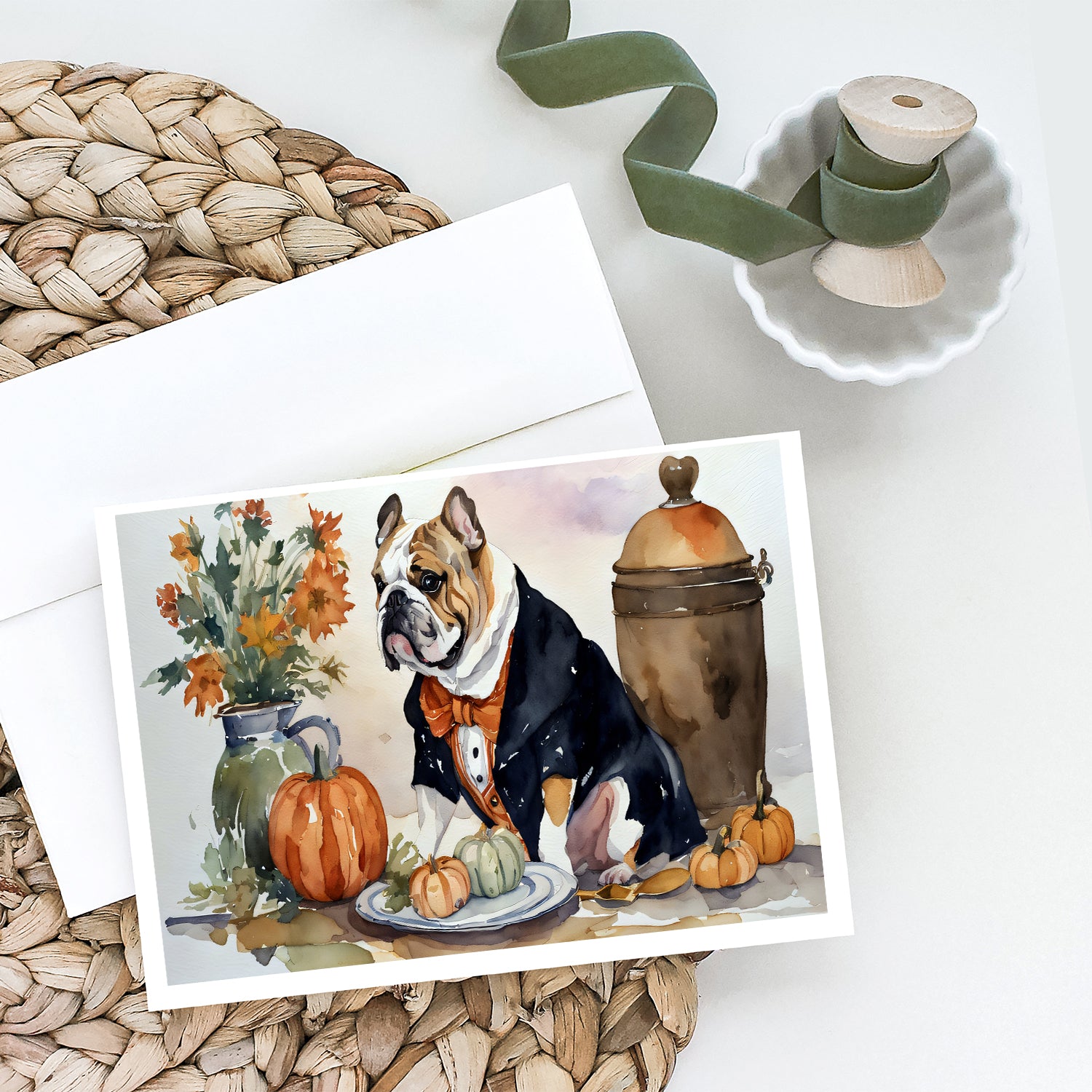 English Bulldog Fall Kitchen Pumpkins Greeting Cards and Envelopes Pack of 8