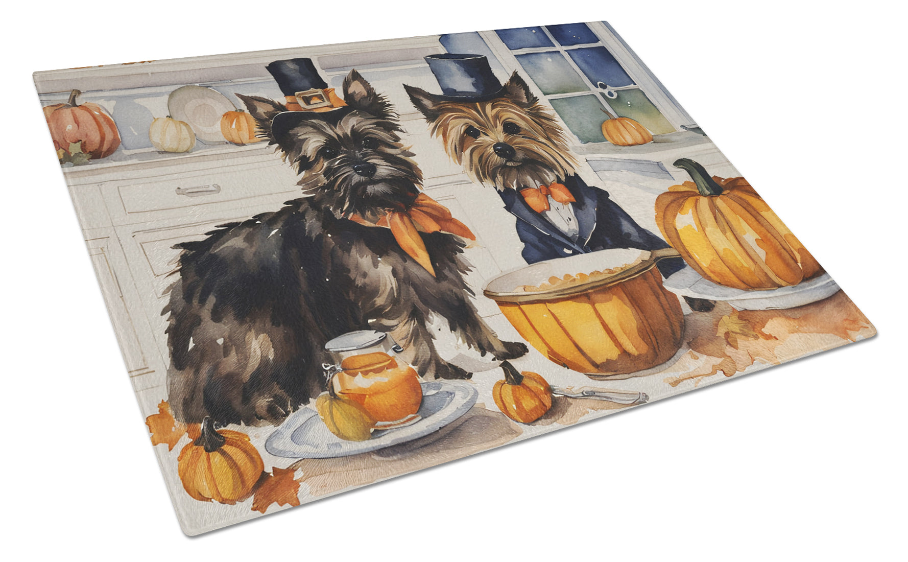 Buy this Cairn Terrier Fall Kitchen Pumpkins Glass Cutting Board Large