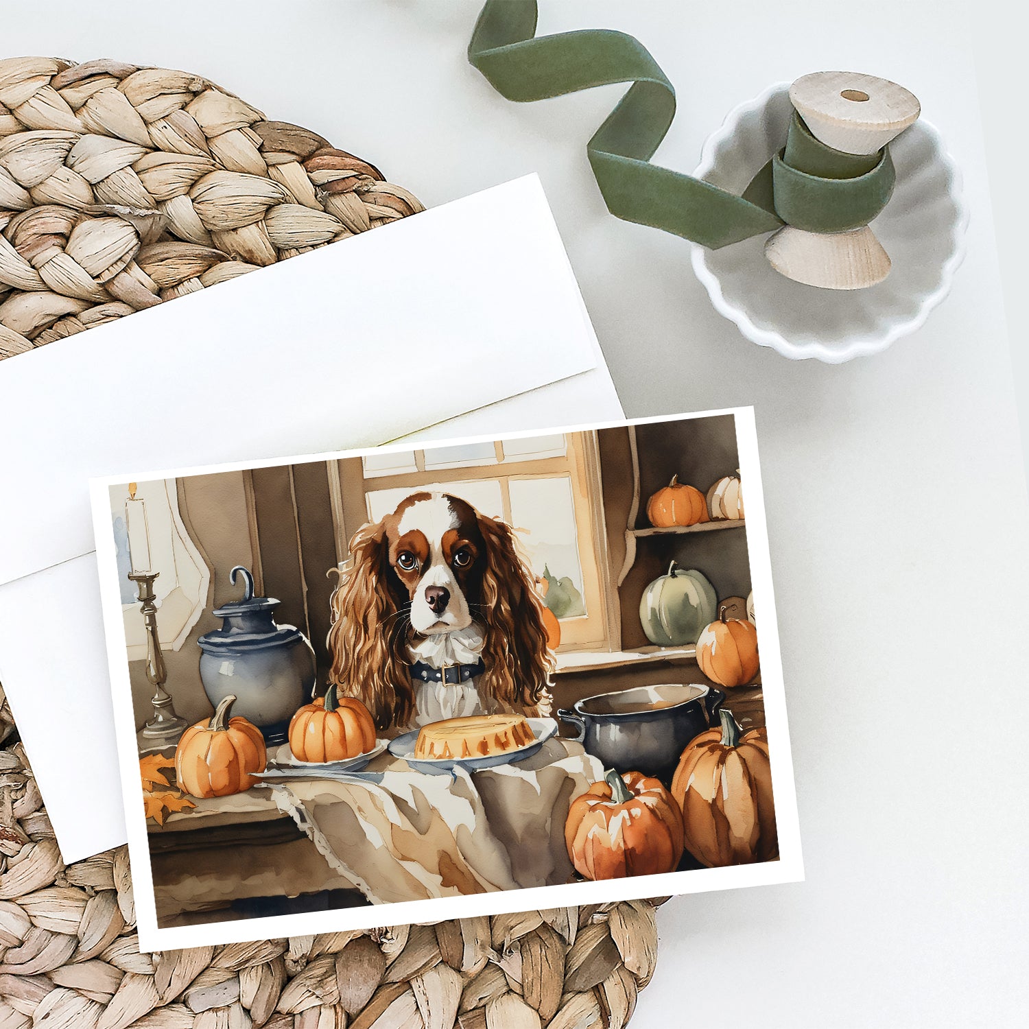 Cavalier Spaniel Fall Kitchen Pumpkins Greeting Cards and Envelopes Pack of 8