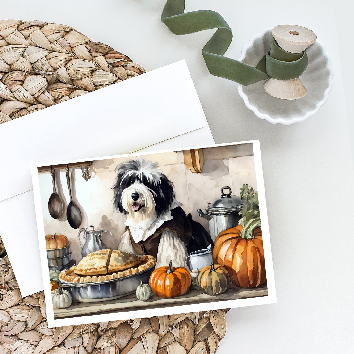 Buy this Old English Sheepdog Fall Kitchen Pumpkins Greeting Cards and Envelopes Pack of 8