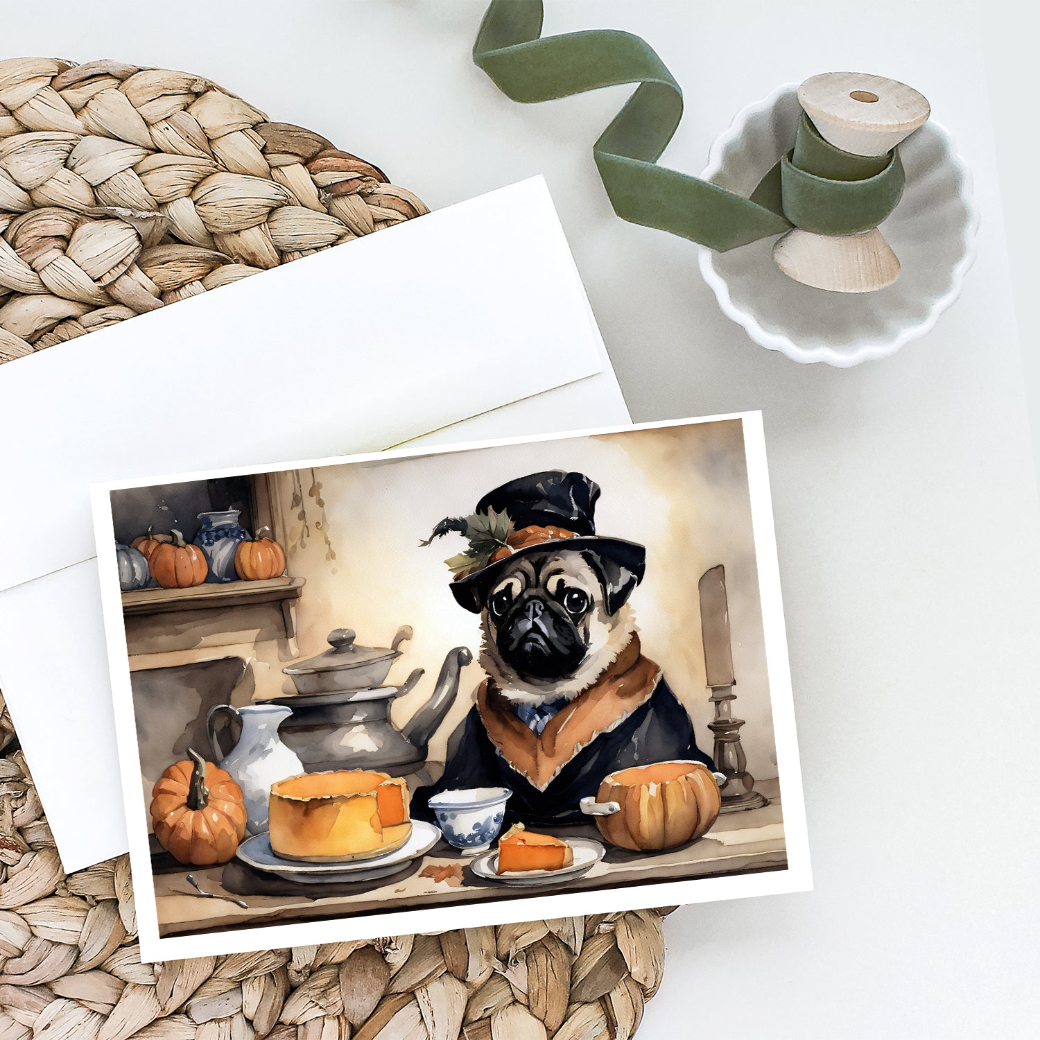 Buy this Pug Fall Kitchen Pumpkins Greeting Cards and Envelopes Pack of 8