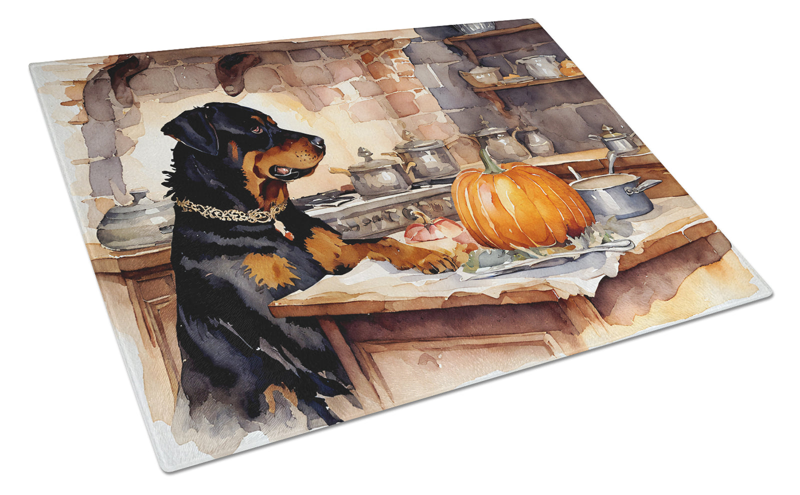 Buy this Rottweiler Fall Kitchen Pumpkins Glass Cutting Board Large