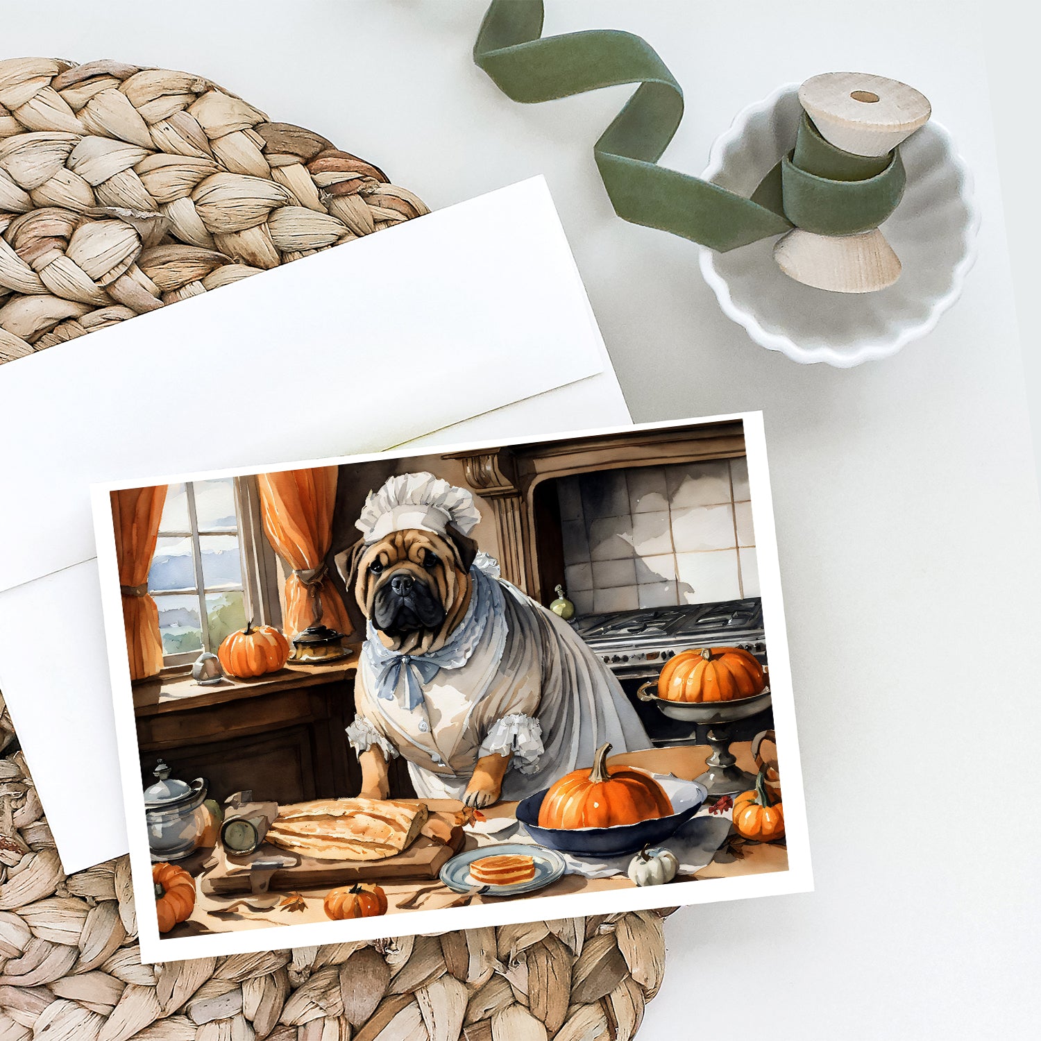 Shar Pei Fall Kitchen Pumpkins Greeting Cards and Envelopes Pack of 8