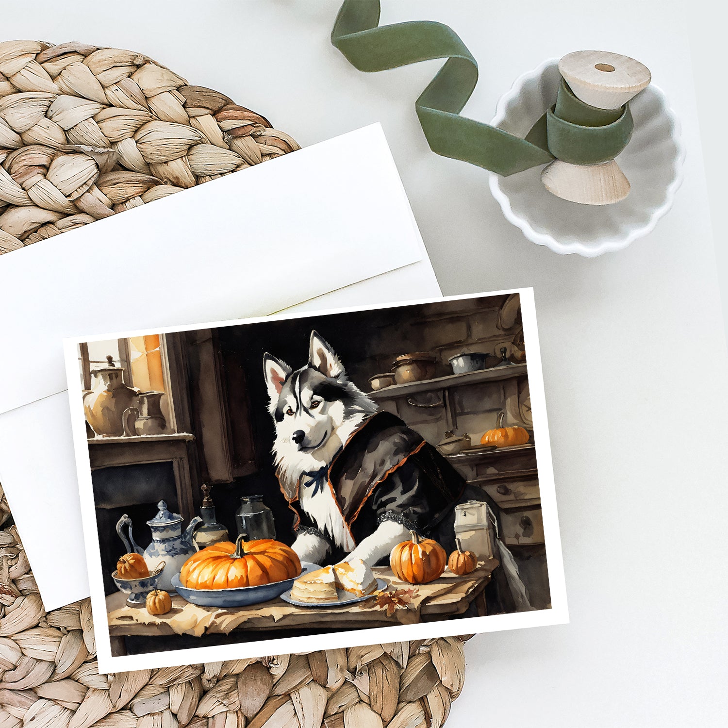 Siberian Husky Fall Kitchen Pumpkins Greeting Cards and Envelopes Pack of 8