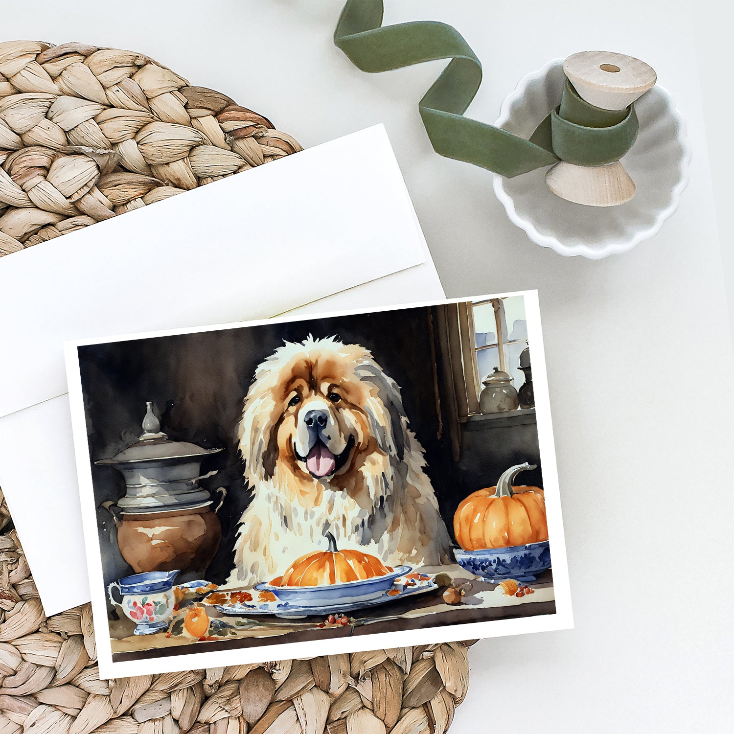 Buy this Tibetan Mastiff Fall Kitchen Pumpkins Greeting Cards and Envelopes Pack of 8